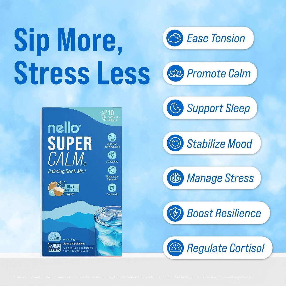Nello Supercalm Calming Drink Mix Supplement Powder – Blue Coconut – 10ct