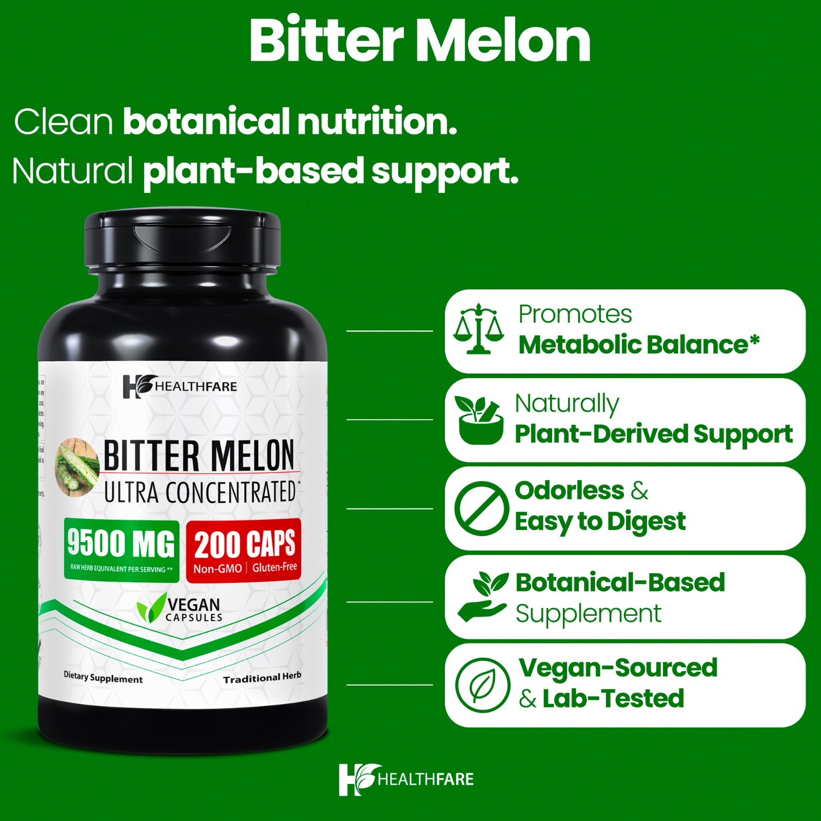 Healthfare Organic Bitter Melon Extract 9500mg | 200 Capsules Ultra Concentrated