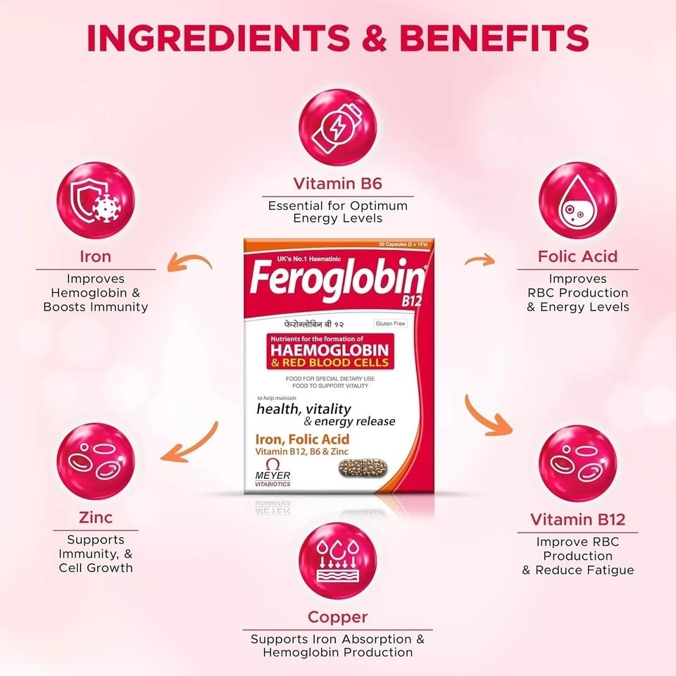 2 x Feroglobin B12 Capsules 60 Iron Folic Acid B6 B12 Zinc Hemoglobin Support