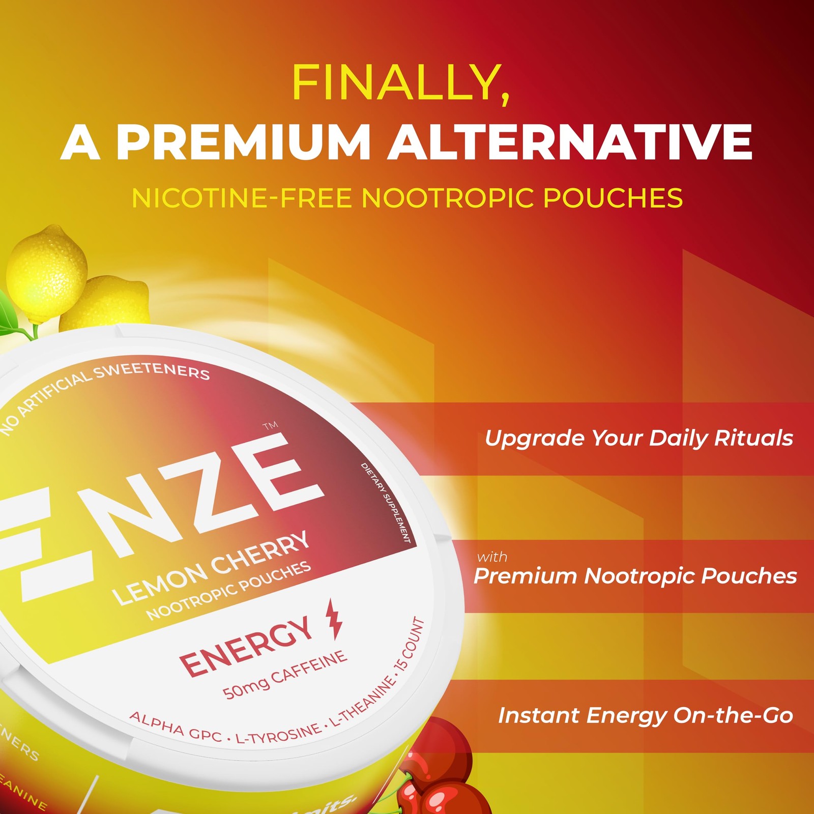 NZE Caffeine Nootropic Pouches Lemon Cherry Energy Pouches with 50mg Caffein…