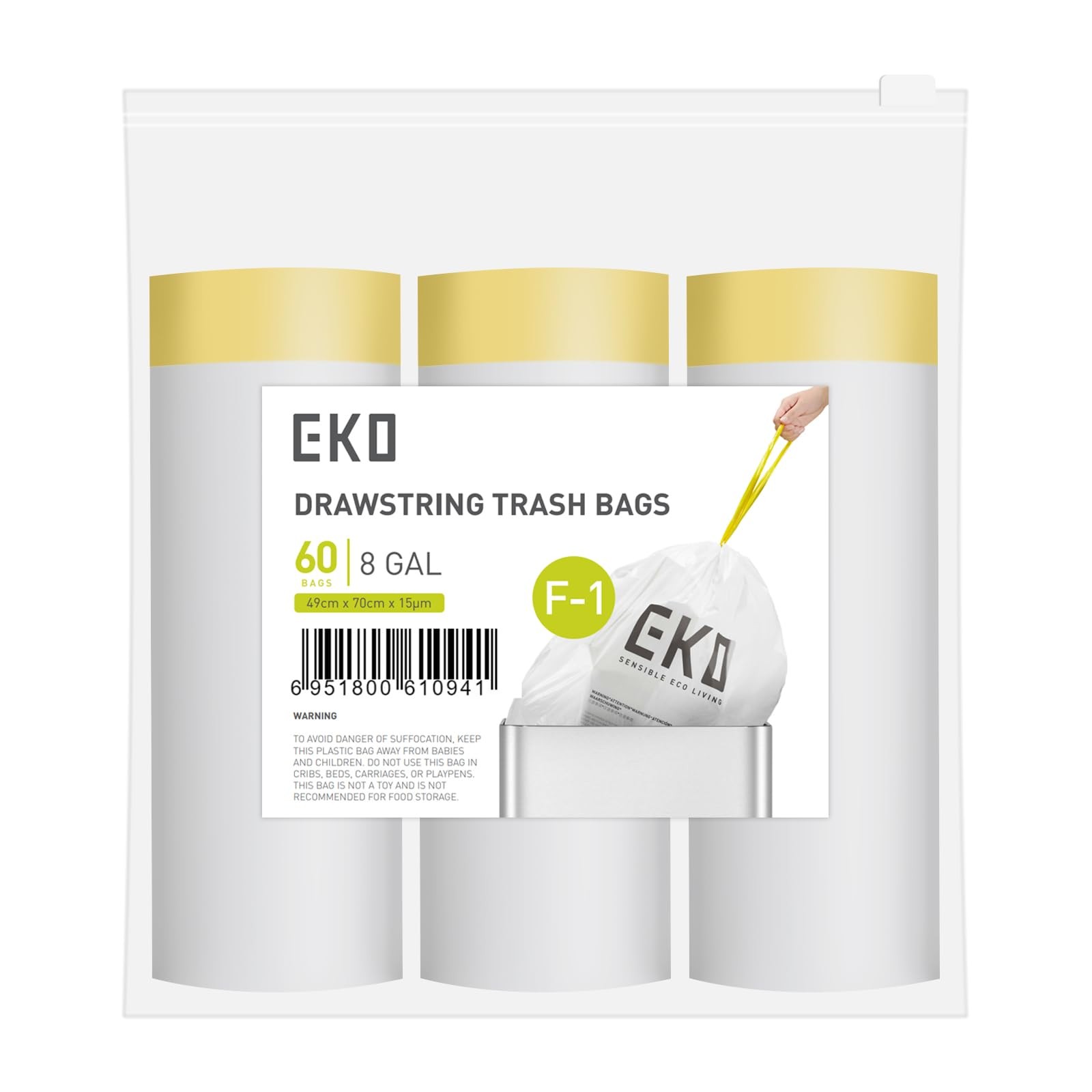 EKO 8 Gallon / 30.3 Liter, 60 Count Drawstring 20 (Pack of 3), White