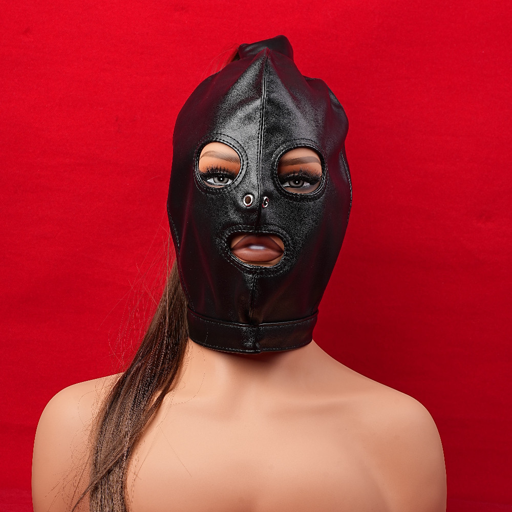 Adult Unisex PU Leather Gimp Head Harness Headgear Hood Party Mask Ponytail Wigs