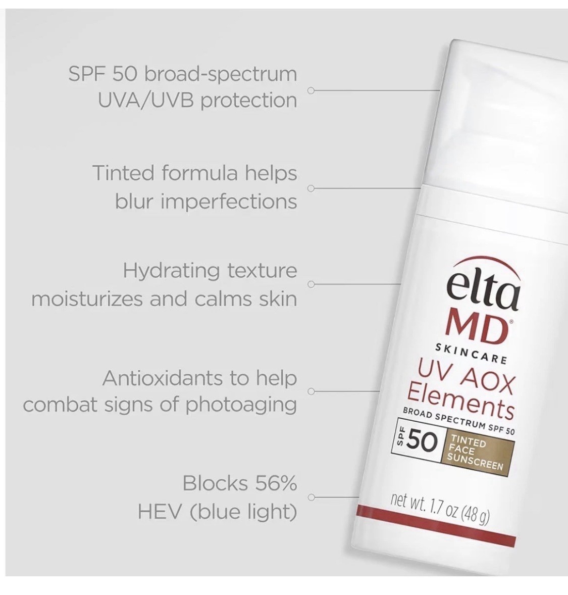 Elta MD UV AOX Elements Broad Spectrum SPF 50 Tinted 1.7oz |Hydrating Exp12/2027