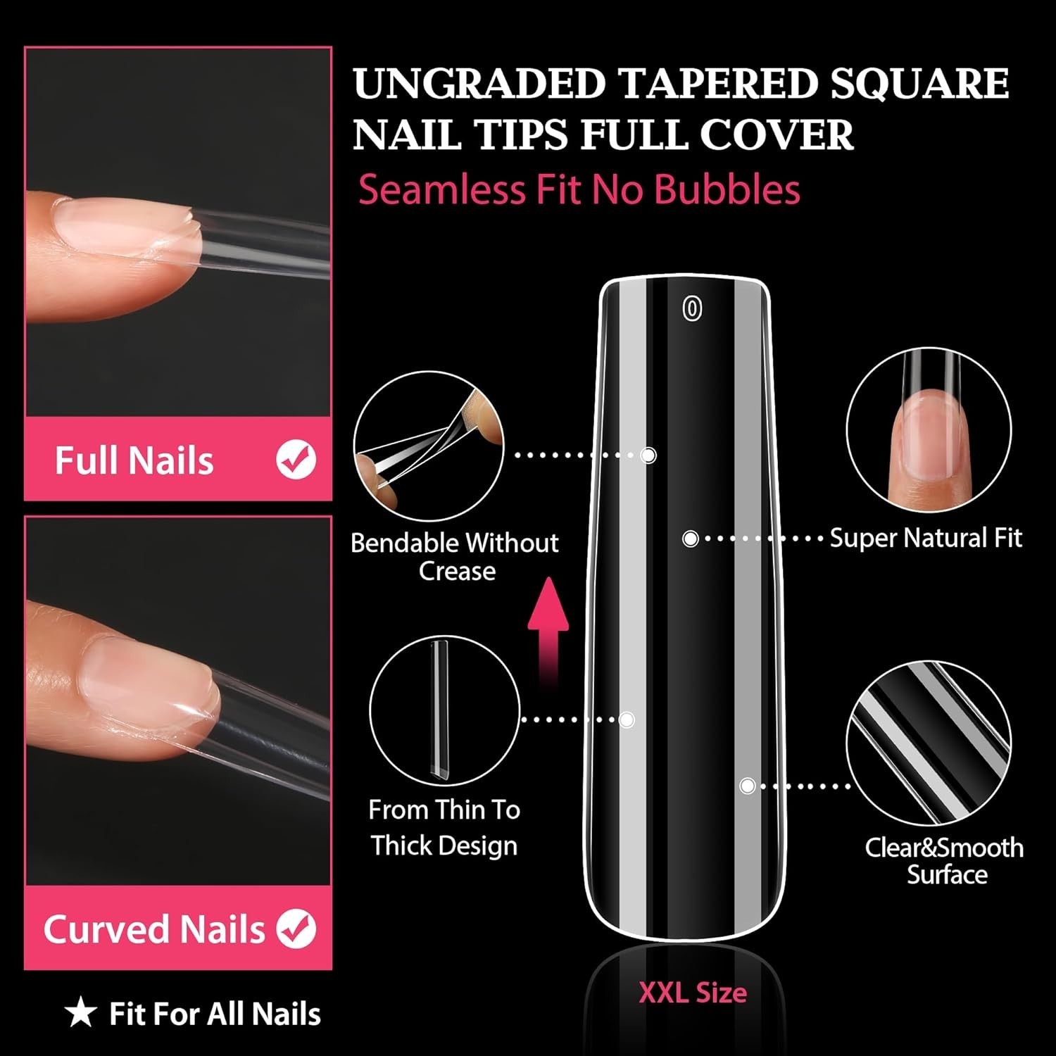 XXL Extra Long Square Nail Tips – 216PCS Clear Full Cover for Perfect Designs