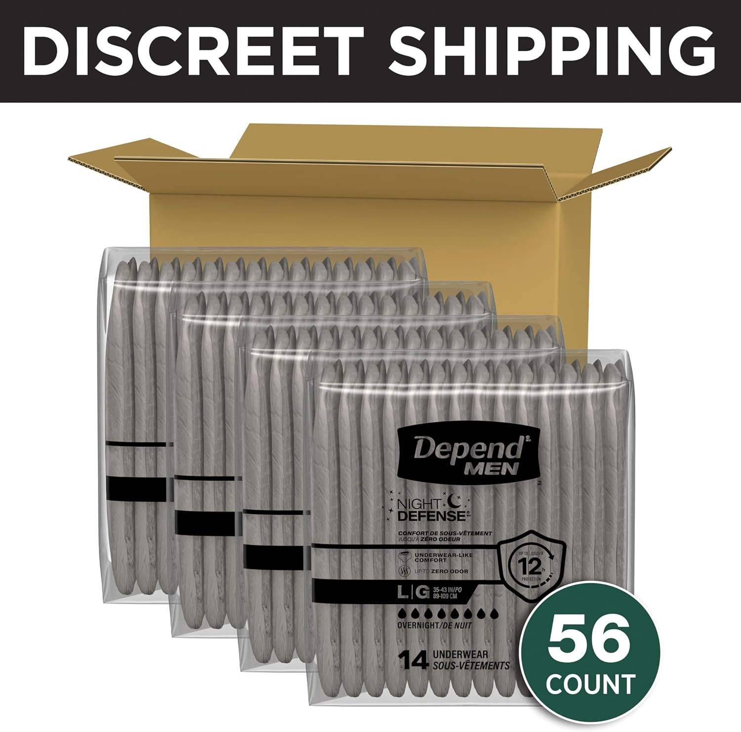 Depend Night Defense Men Incontinence Underwear Large 56 Count Gray