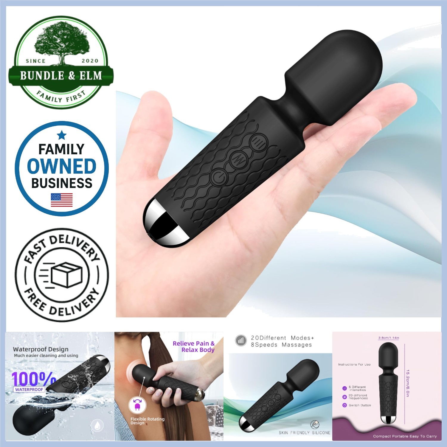 Mini Cordless Handheld Massager 20+8 Vibration Modes Travel Stress Relief