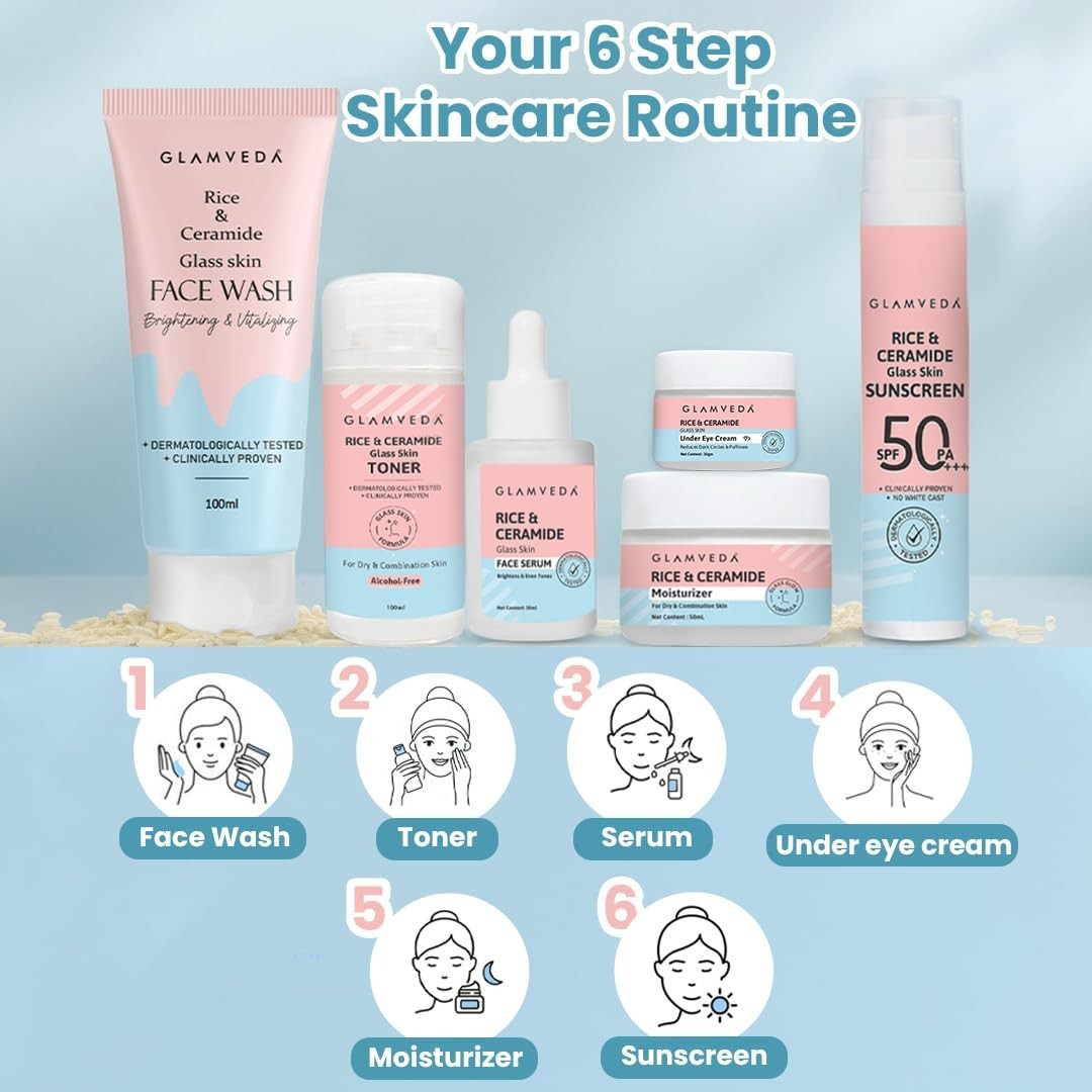 Glamveda Korean Rice Ceramide 6 Step Skincare Kit for Glowing Skin Skincare Gift