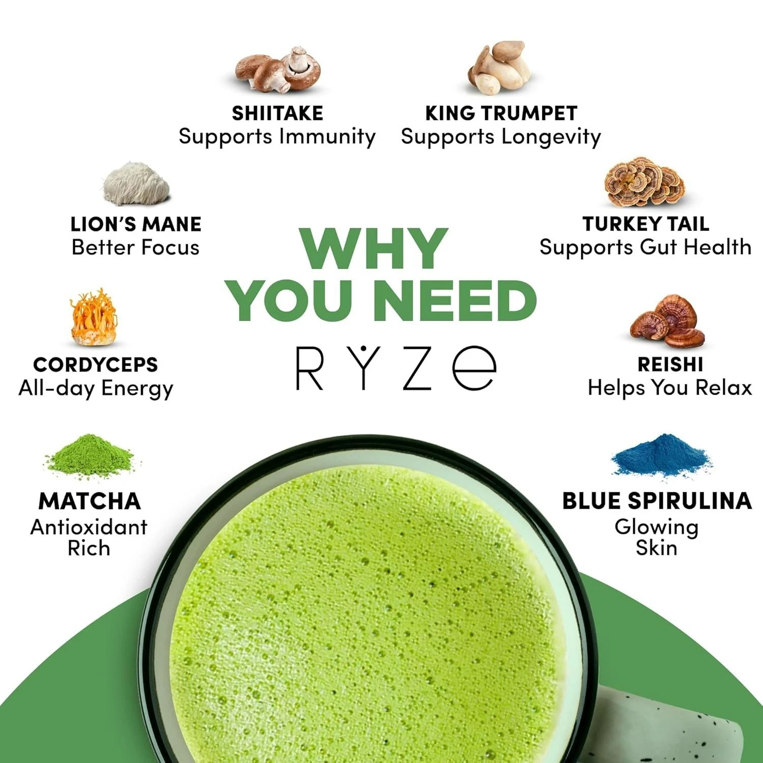 RYZE SUPERFOODS Mushroom Matcha, USDA Organic , 30 Servings EXP: 04/01/2027