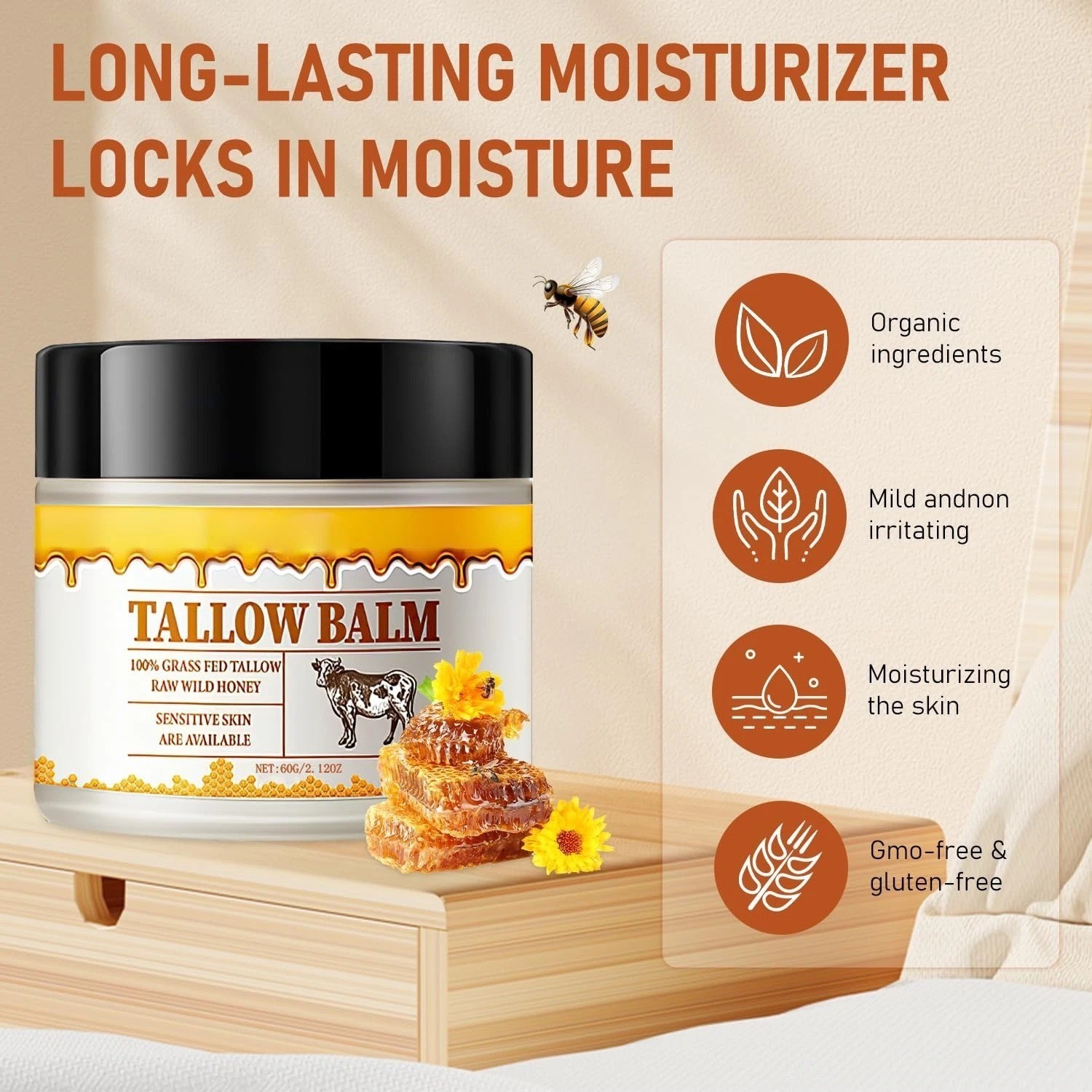 2 Pack Tallow and Honey Balm, Premium Beef Tallow and Wild Honey,Balm for Skin