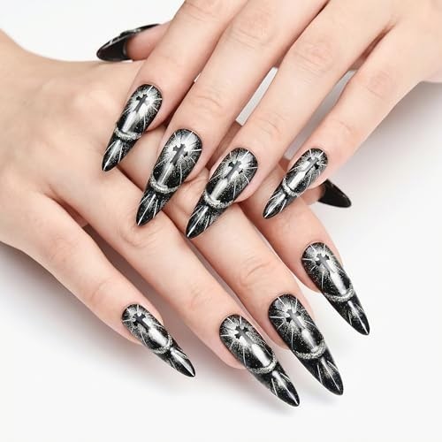 Gothic Press On Nails – 1.6in Ultra Long Stiletto Almond, Black 3D Cat Eye Desig