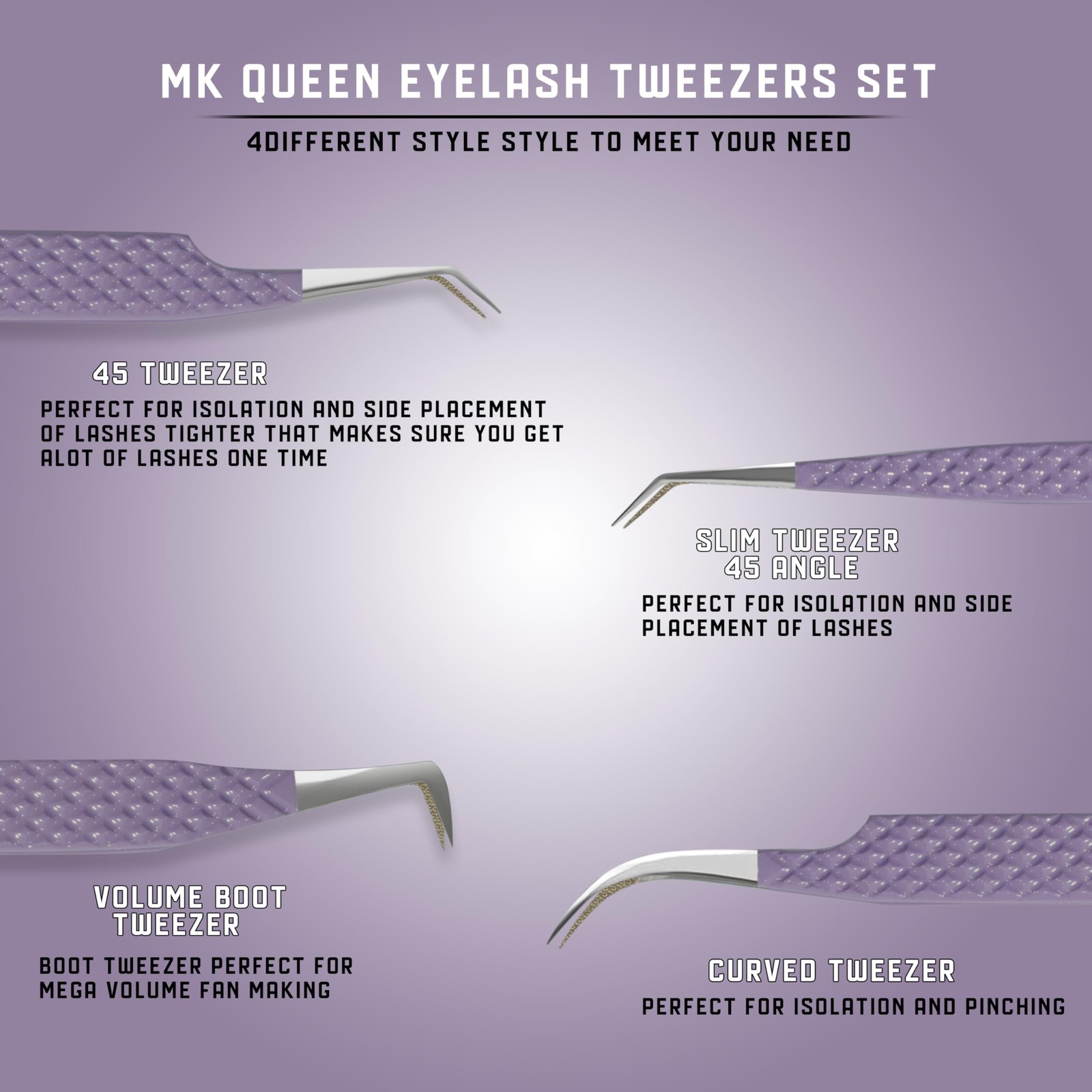 Mk Queens Lash Tweezers – Stainless Steel Fiber Tip Eyelash Tweezers Set Of 4 –