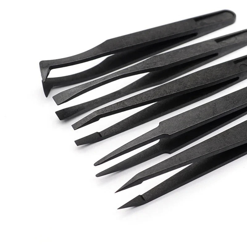 New Arrival 5Pcs/Set Portable Black Straight Bend Anti-Static Plastic Tweezer He