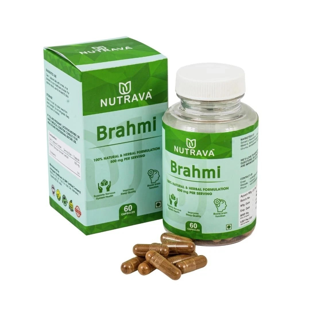Nutrava Brahmi Capsules 500mg Ayurvedic Brain Tonic for Focus, Memory For Unisex