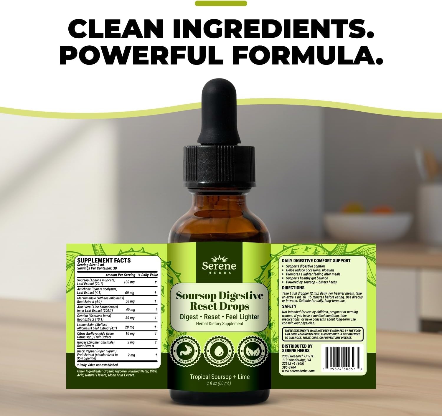 Serene Herbs Soursop Digestive Reset Drops 2 fl oz Tropical Soursop & Lime