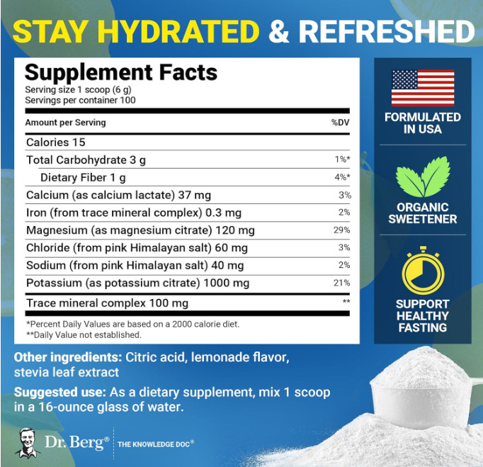 Dr. Berg Zero Sugar Keto Electrolyte Powder, Lemonade, 100 Servings