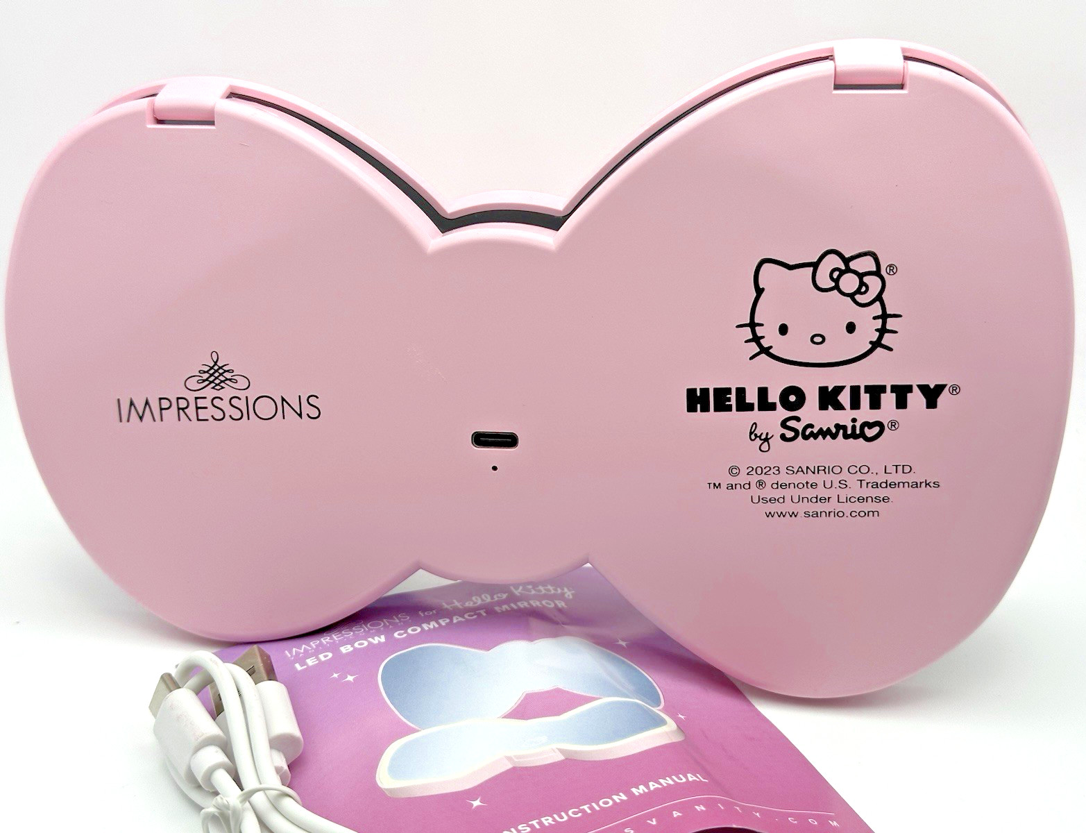 Hello Kitty Handheld LED Mirror- Pink Bow -Rechargeable battery 3 temp Large NIB