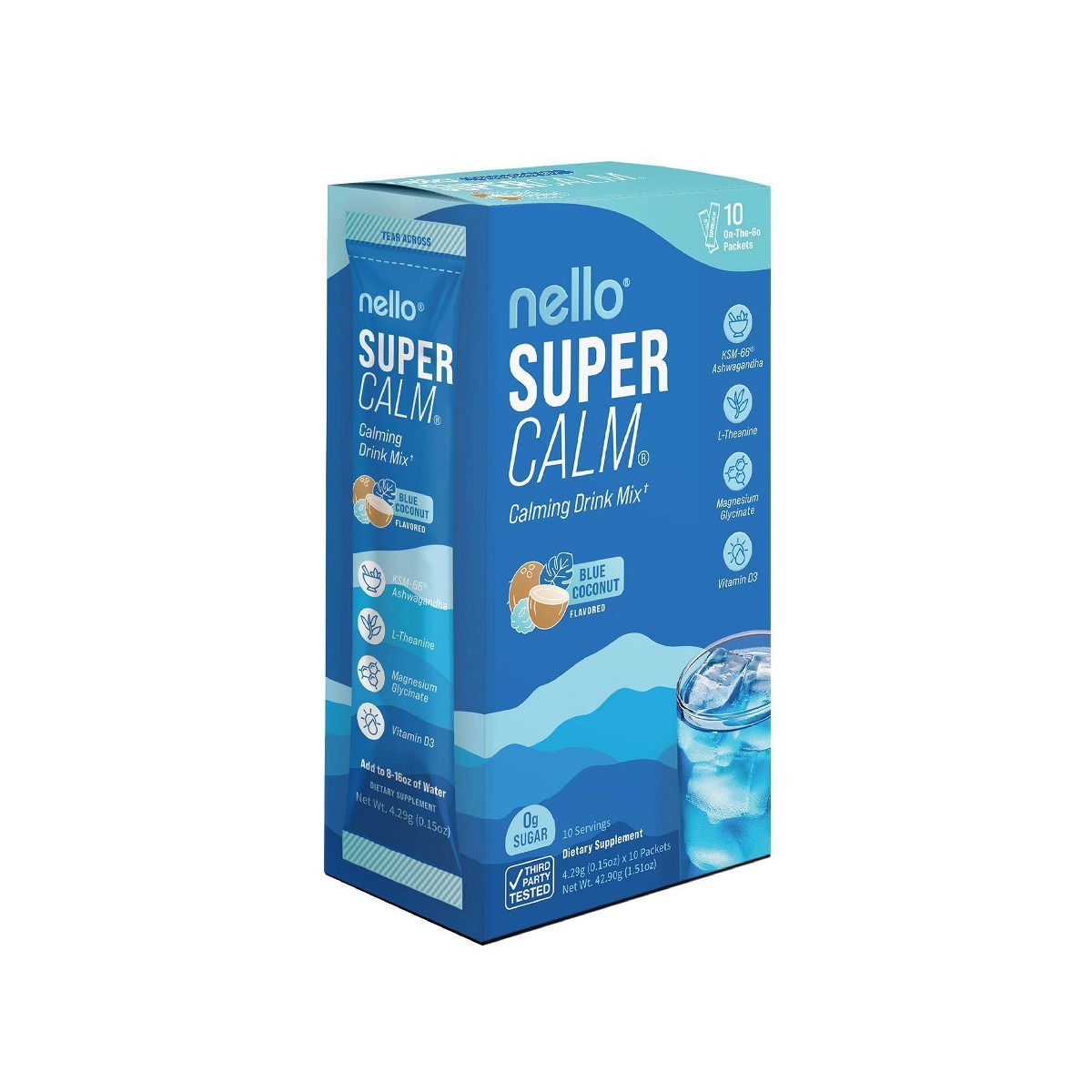 Nello Supercalm Calming Drink Mix Supplement Powder – Blue Coconut – 10ct
