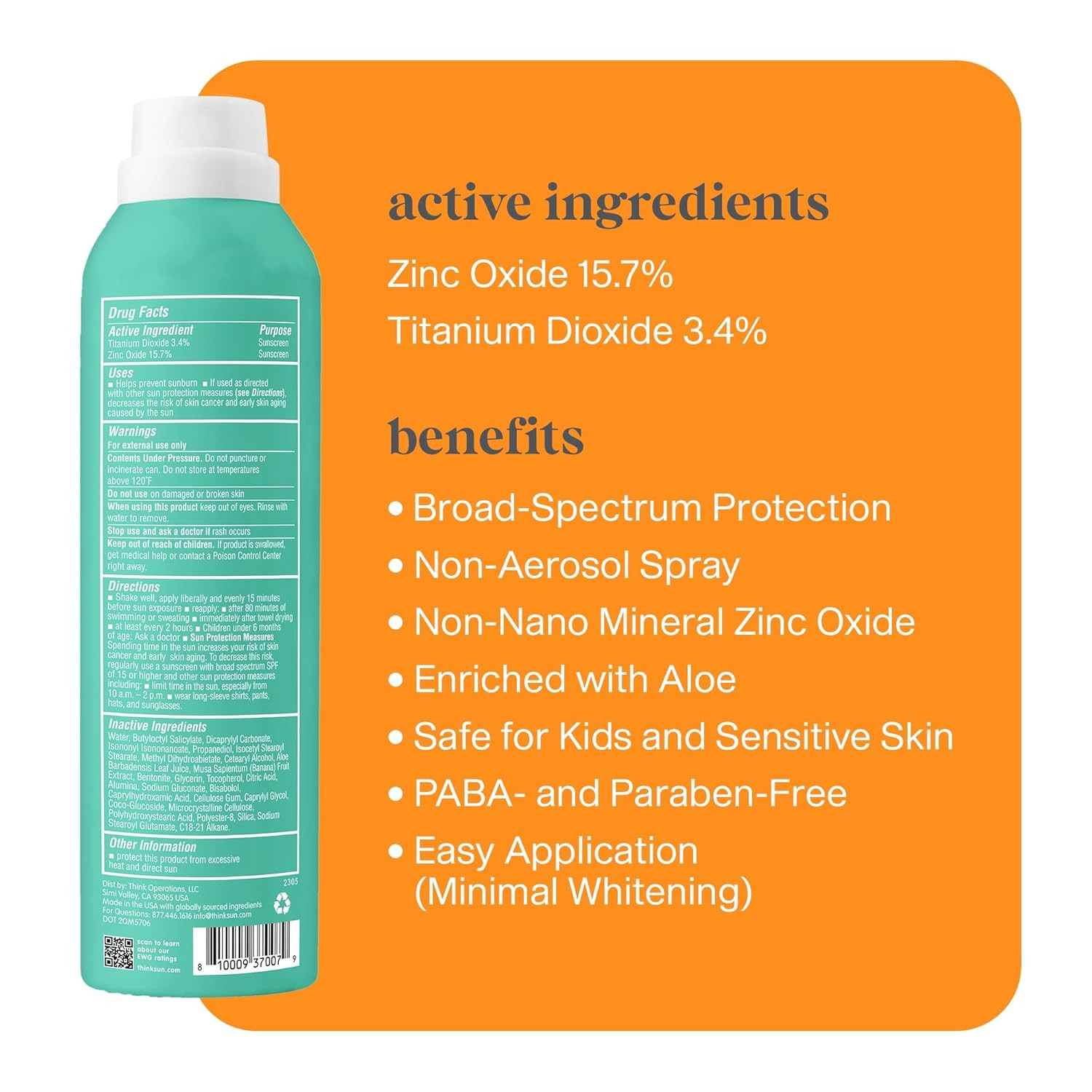 Thinksport Kids Sunscreen Spray, SPF 50 All Sheer Mineral Sunscreen, 6 Fl Oz, Wa