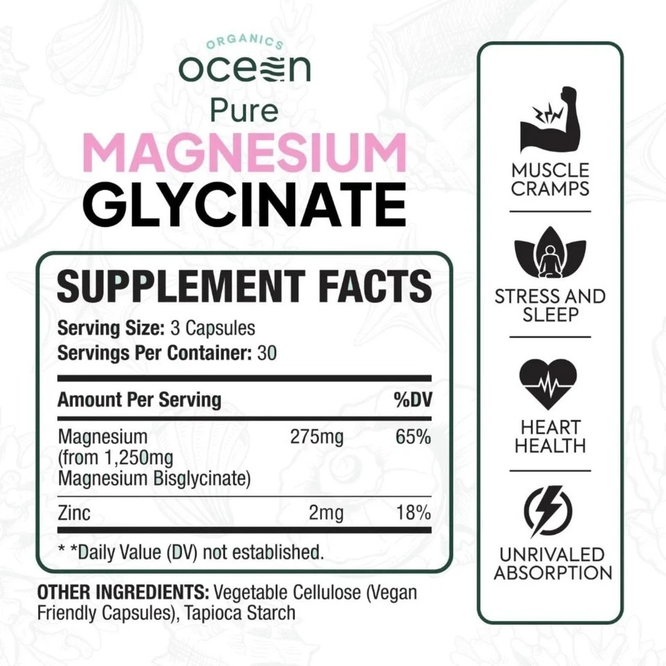 Organics Ocean Pure Magnesium Glycinate Zinc Strength Chelated 30 Capsules US
