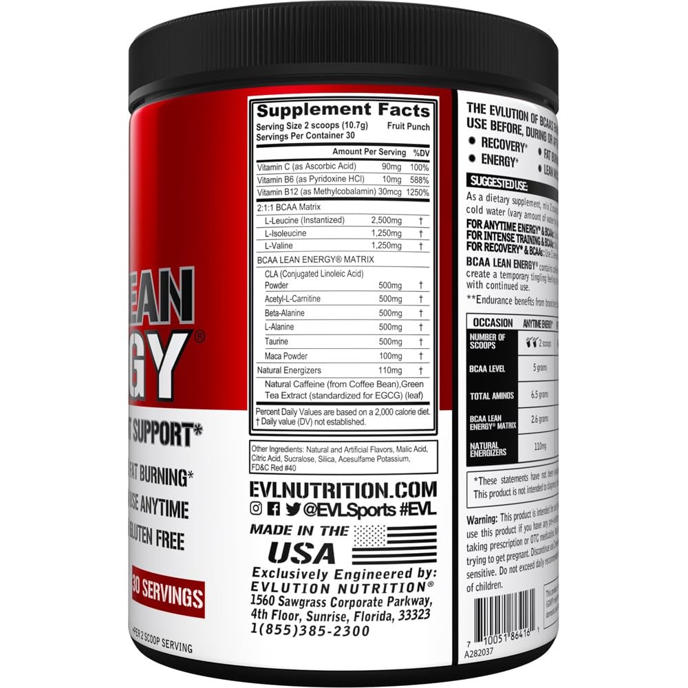 EVL BCAA Lean Energy Powder – Pre Workout 11.3 Ounce (Pack of 1), Fruit Punch
