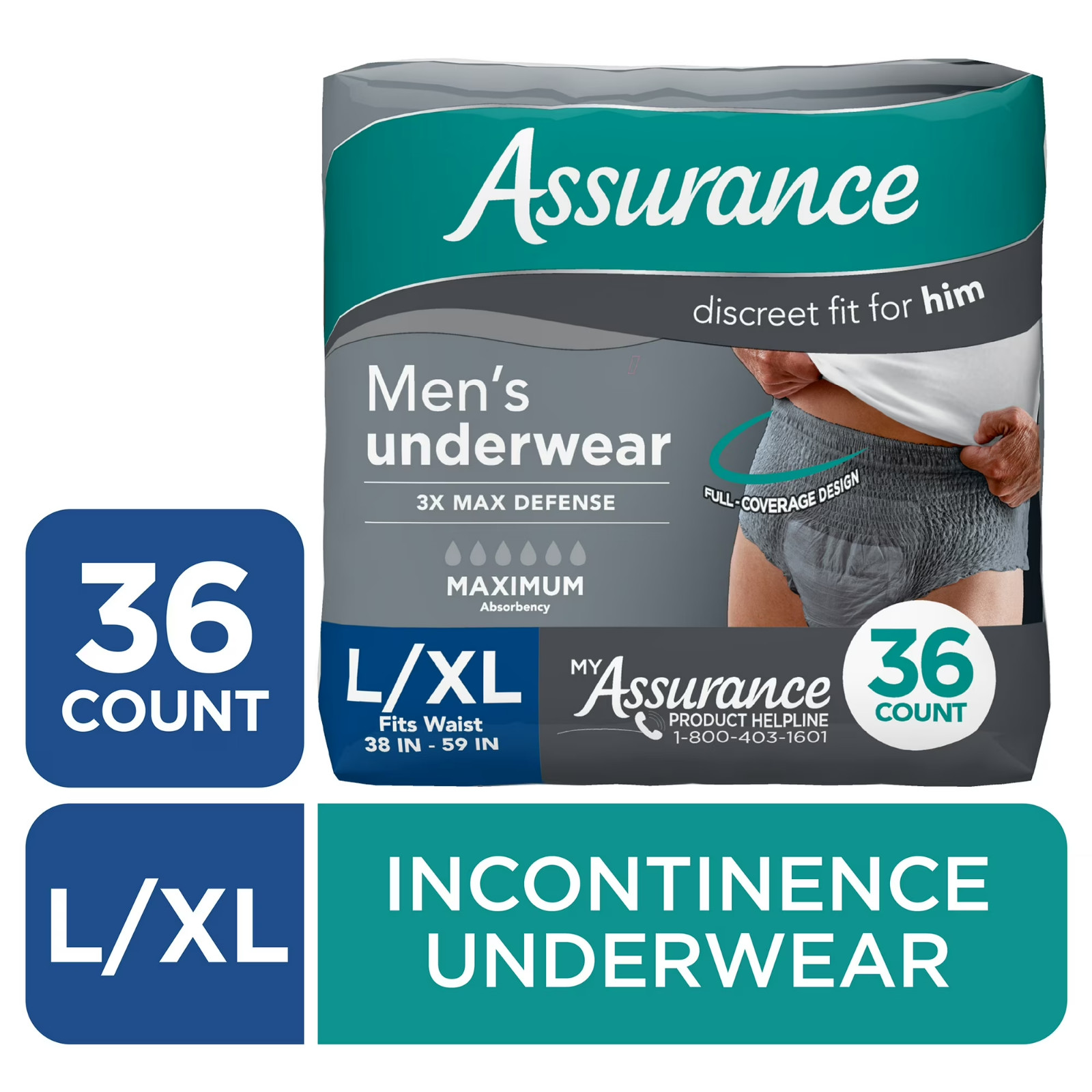 Assurance Men’s Incontinence Underwear, L/XL, Maximum Absorbency