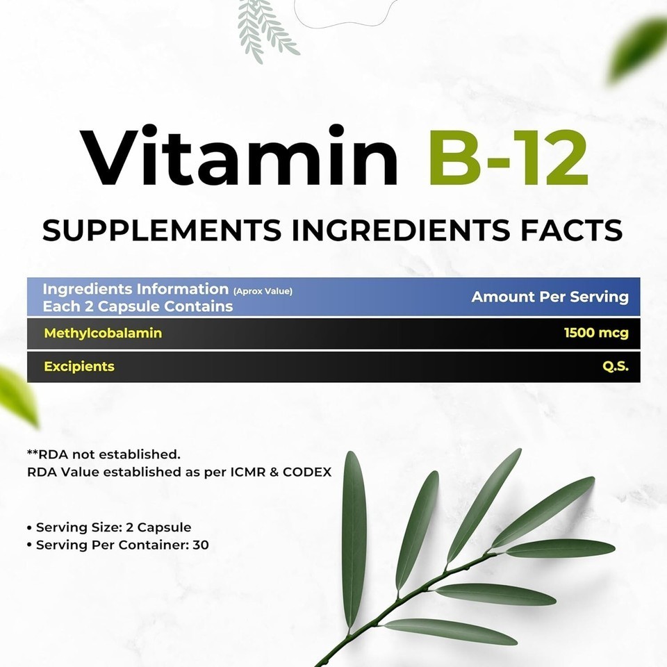 Health Veda Organics Plant Based Vitamin B-12 – Boost Energy Level – 60 Caps