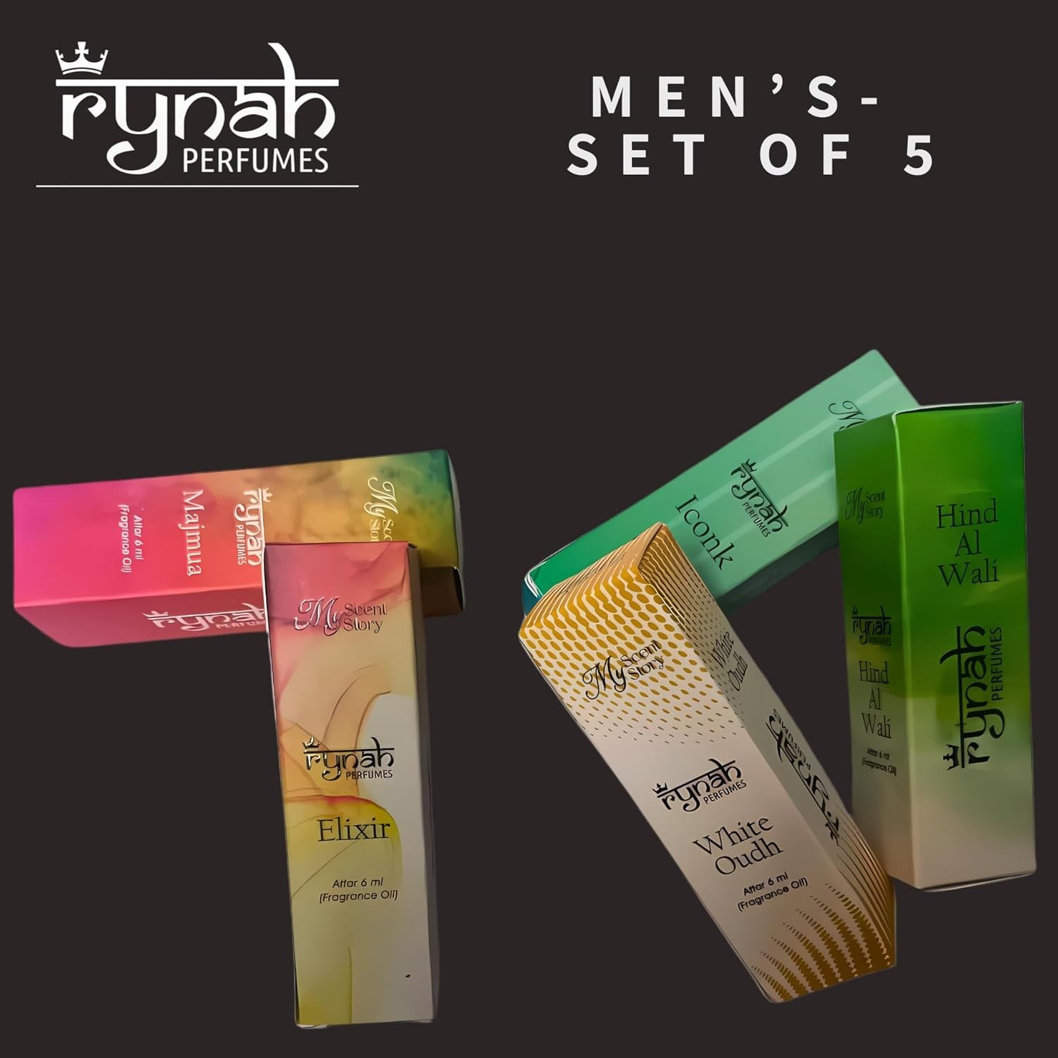 Rynah Attar Perfume Set for Men 5 Non-Alcoholic Long Lasting Ittars