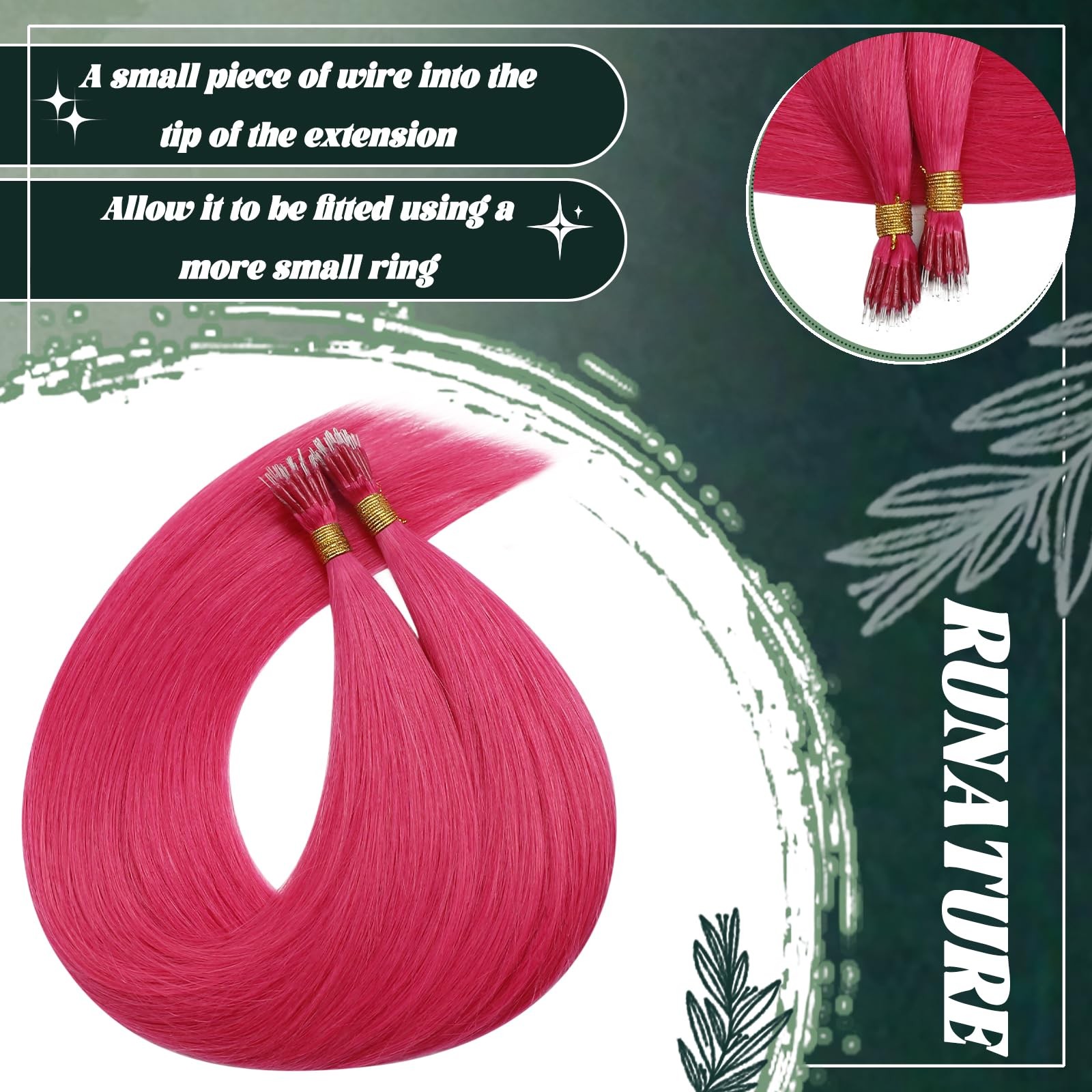 Runature Hot Pink Nano Bead Hair Extensions Human Hair 22 Inch 50G 50S