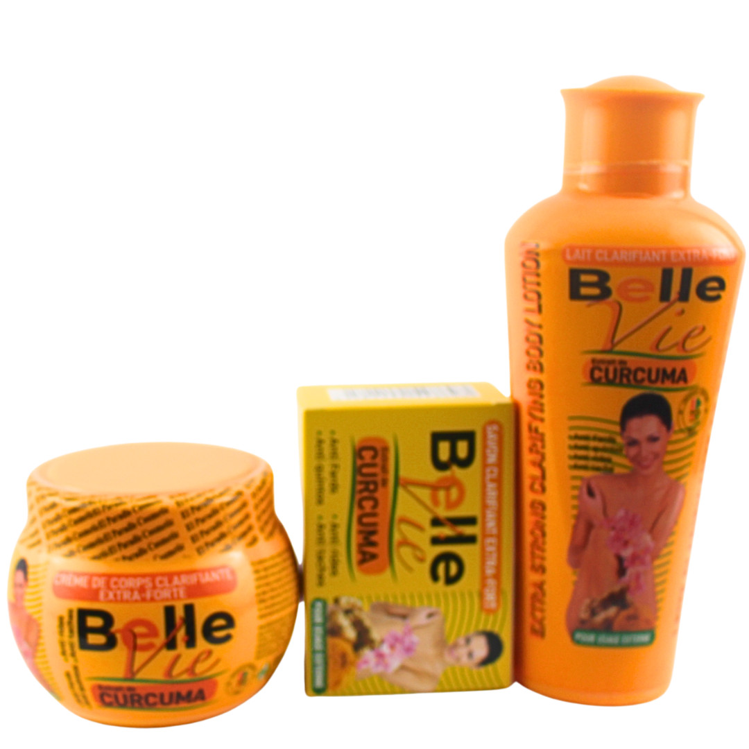 3pcs Belle Vie Curcuma Extracts .Body Lotion,Cream & Soap Clarifying Set 475Ml.