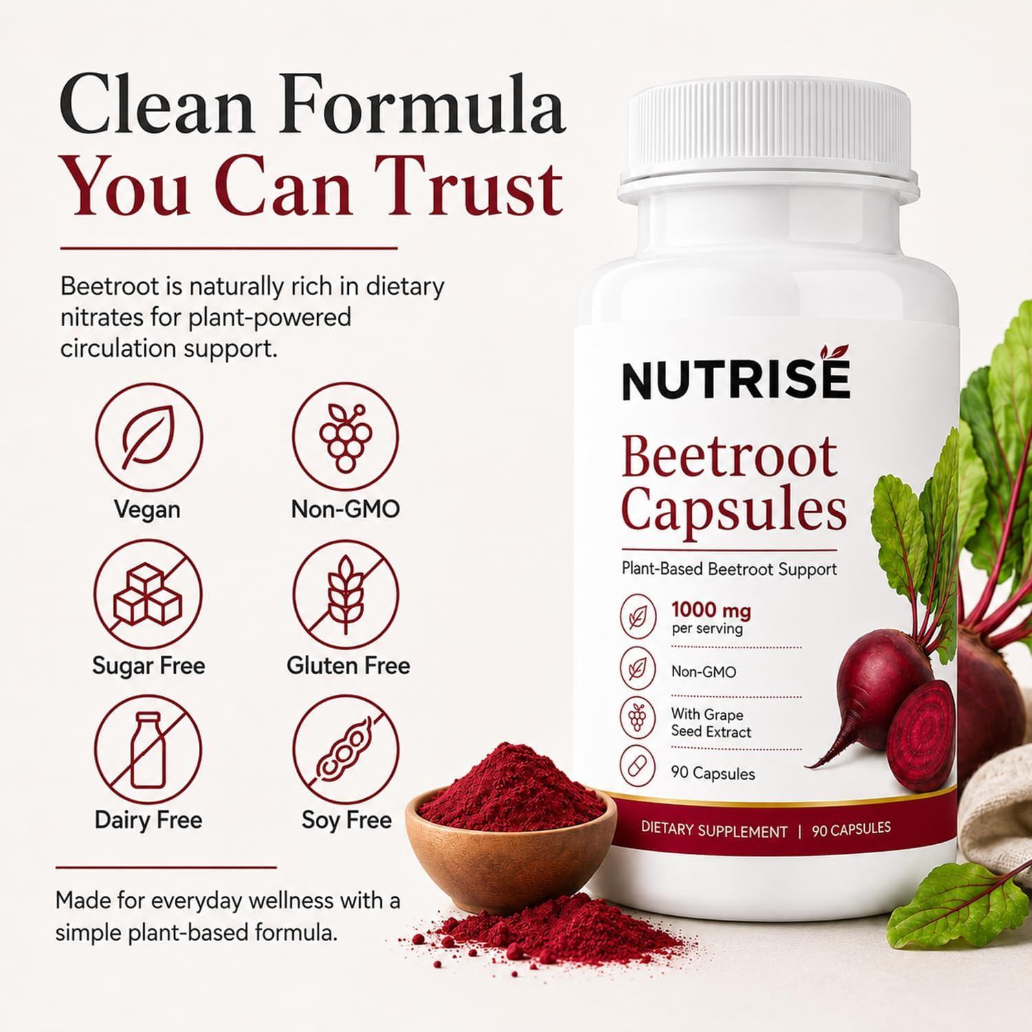 Nutrise Beetroot Capsules，Vegan, Non-Gmo, Gluten-Free, 90 Capsules