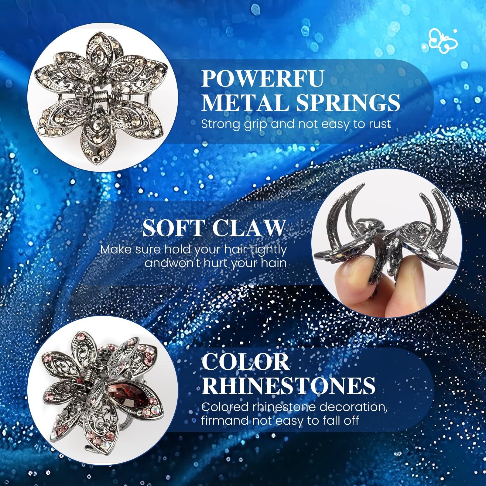 Glavatrix 3 Pack Crystal Hair Clips, 1.6 In Metal 1 Count (Pack of 3), Grey