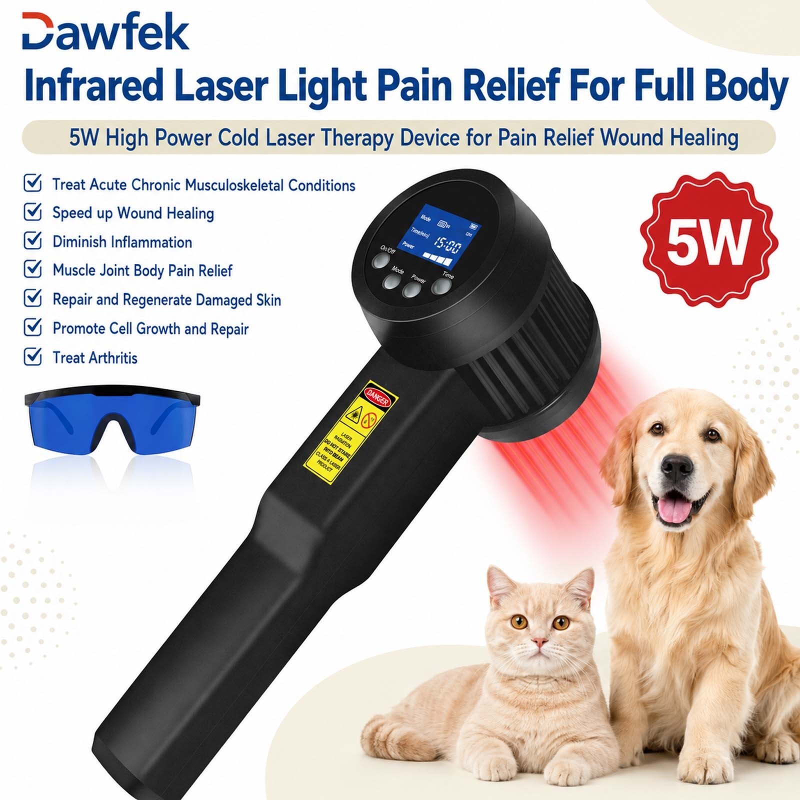 5W Canine Cold Laser Therapy Device 808nm 905nm for Animal Dog Pain Management