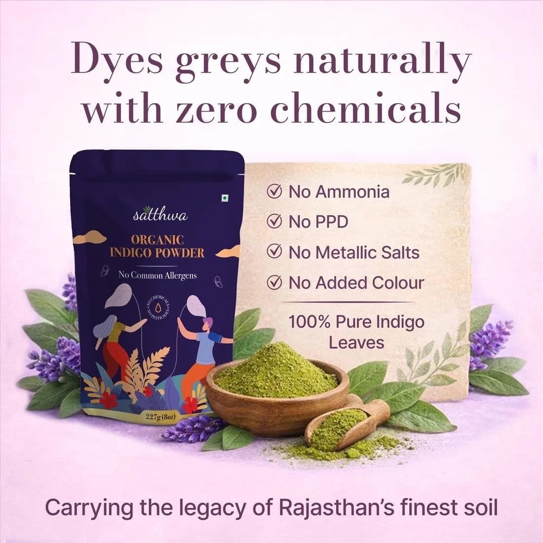 Satthwa Organic Indigo Powder For Deep, Rich, Black Hair Colour 227gm