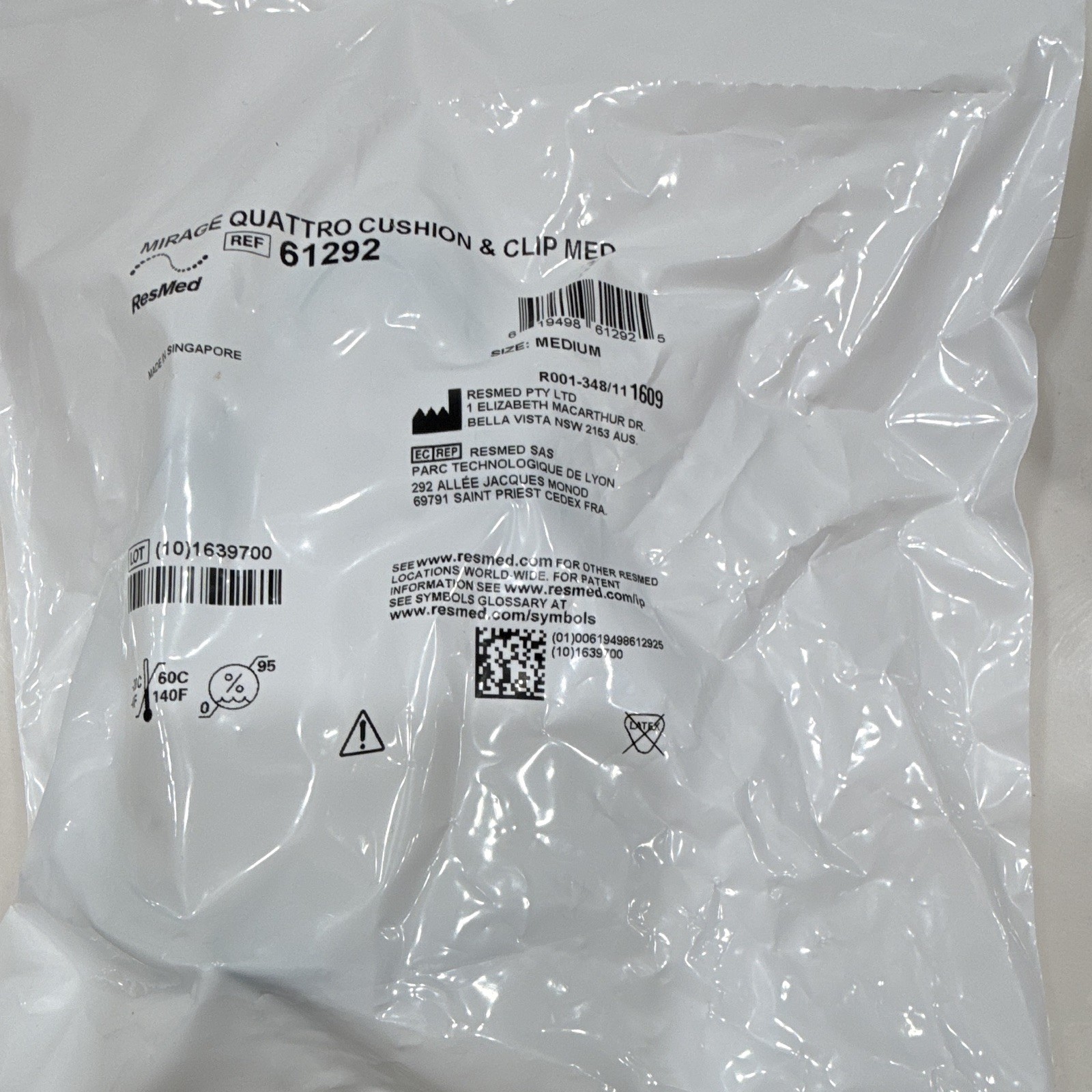 ResMed Mirage Quattro CPAP Mask Cushion & Clip, Medium, MPN 61292