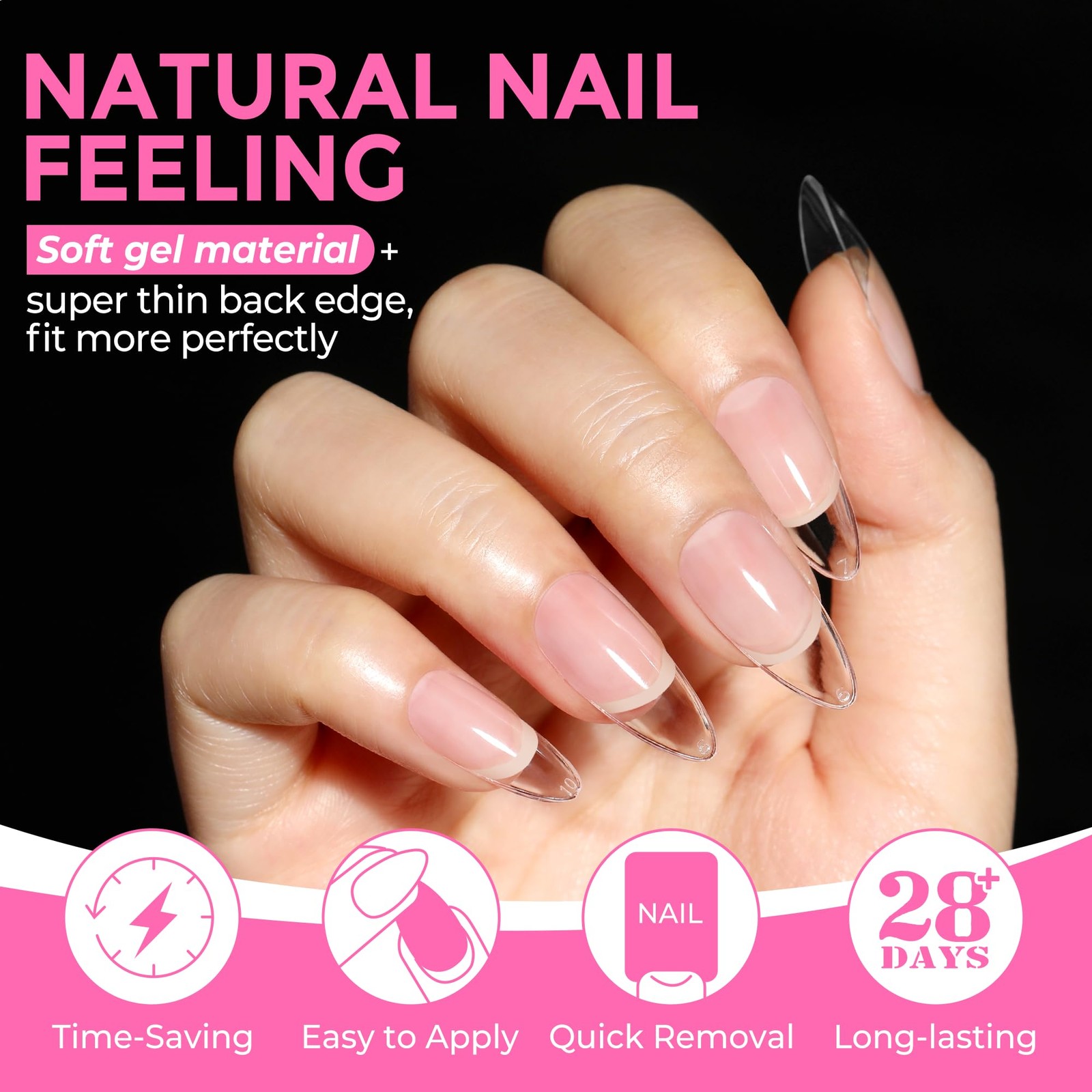 216PCS Medium Almond Nail Tips, Full Cover Gel Press-On Fake Nails, 12 Sizes