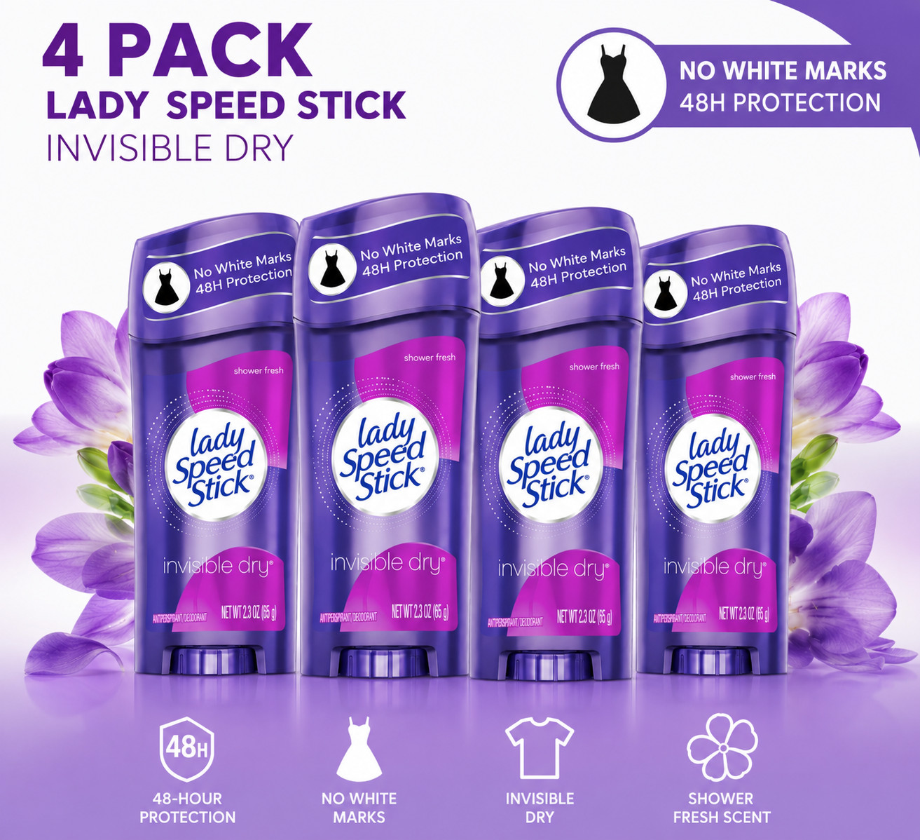 4 Pack – Lady Speed Stick Invisible Dry, Shower Antiperspirant Deodorant, 2.3oz
