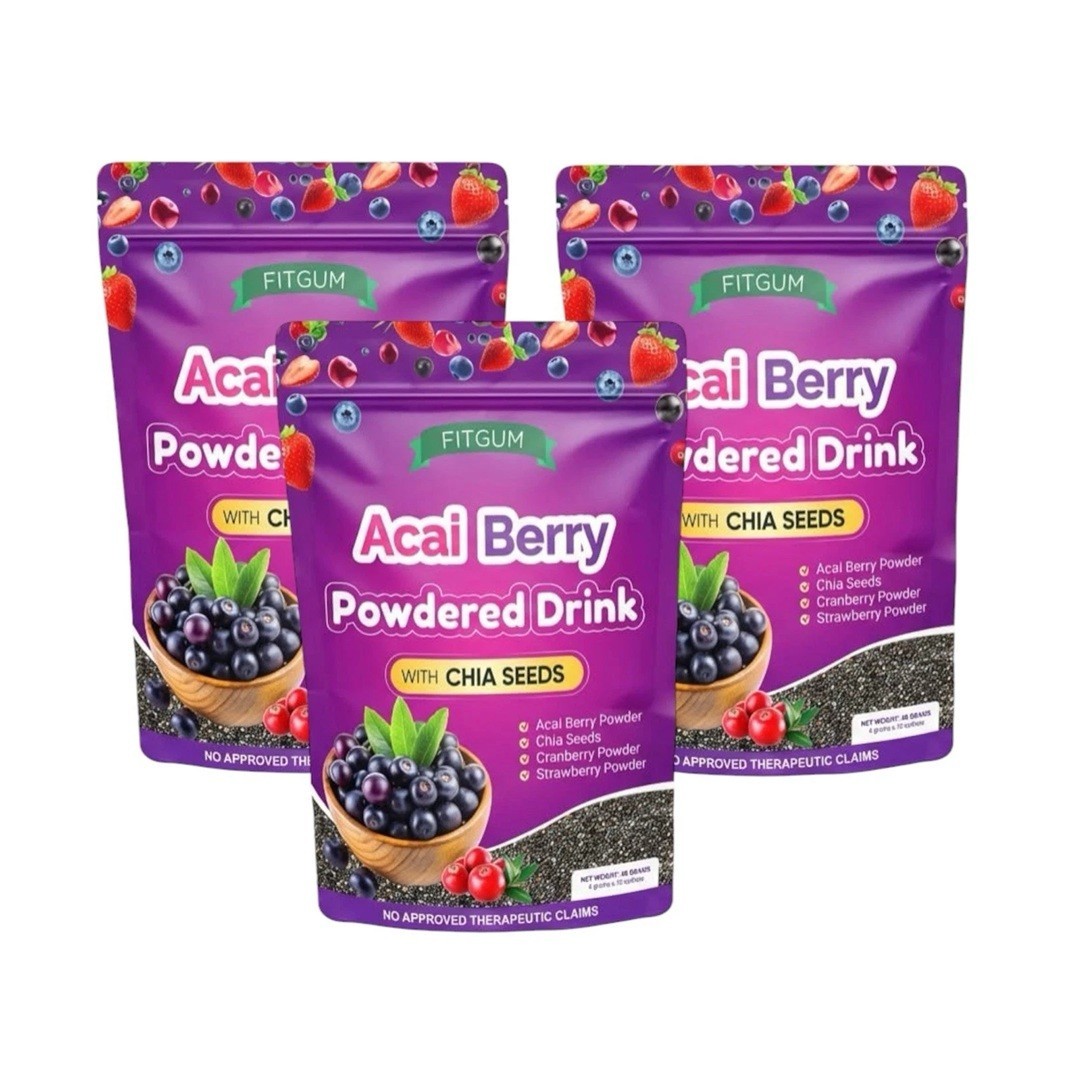 3 Packs FITGUM Acai Berry Drink Powder w/ Chia & Collagen – 10 Sachets Each