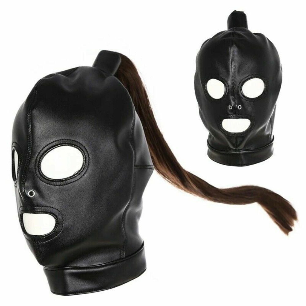 Adult Unisex PU Leather Gimp Head Harness Headgear Hood Party Mask Ponytail Wigs