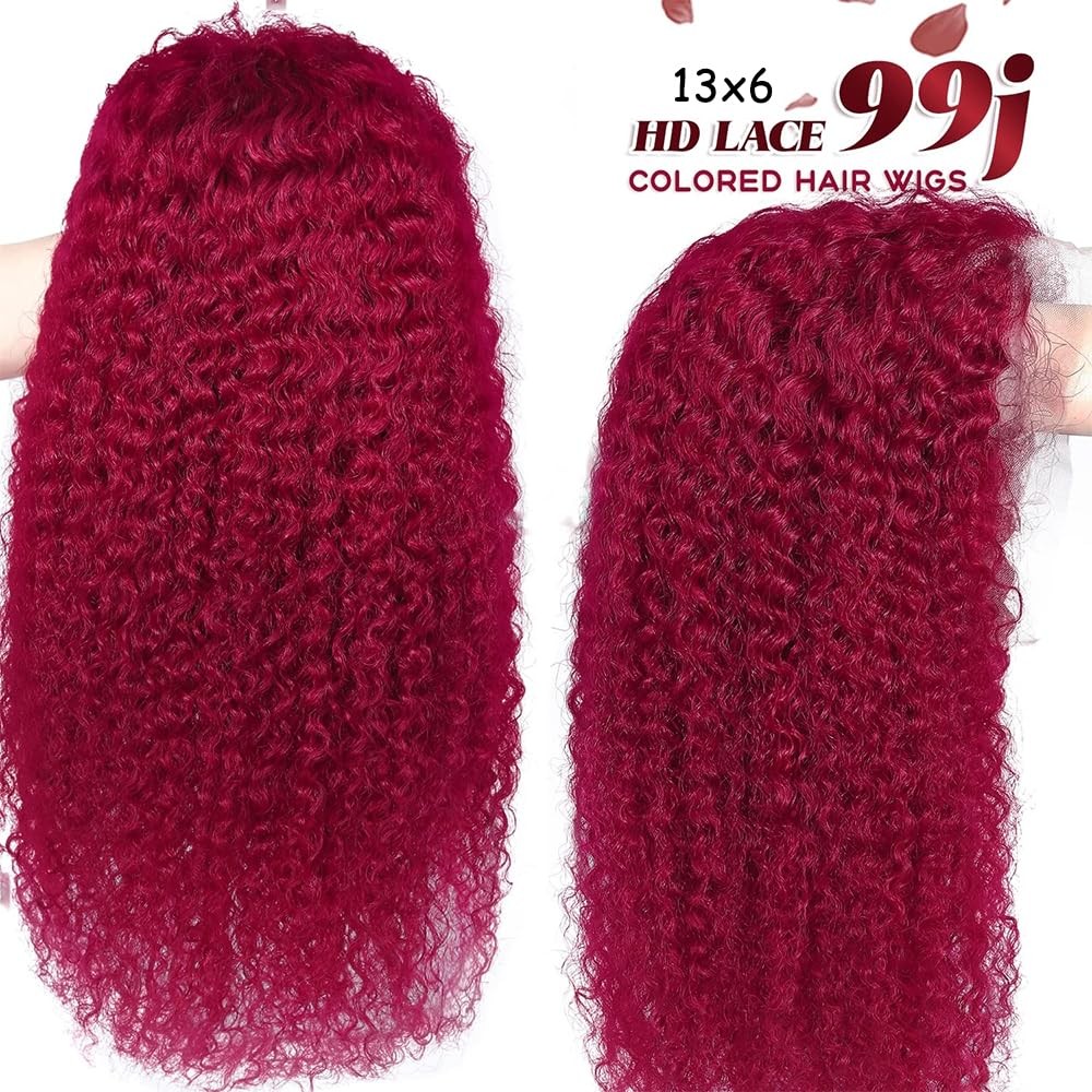 Zgwg 13X6 99J Burgundy Lace Front Wigs Human Hair 180 Density Burgundy Curly