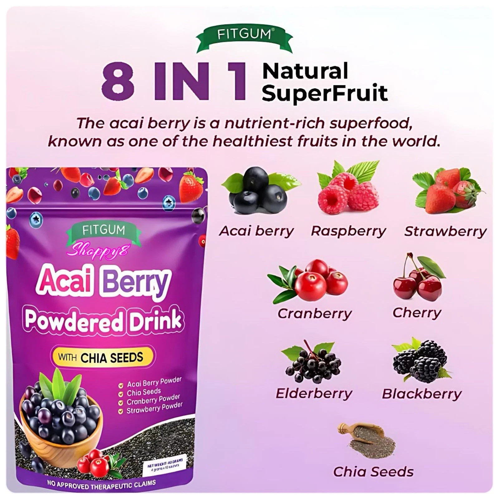 3 Packs FITGUM Acai Berry Drink Powder w/ Chia & Collagen – 30 Sachets