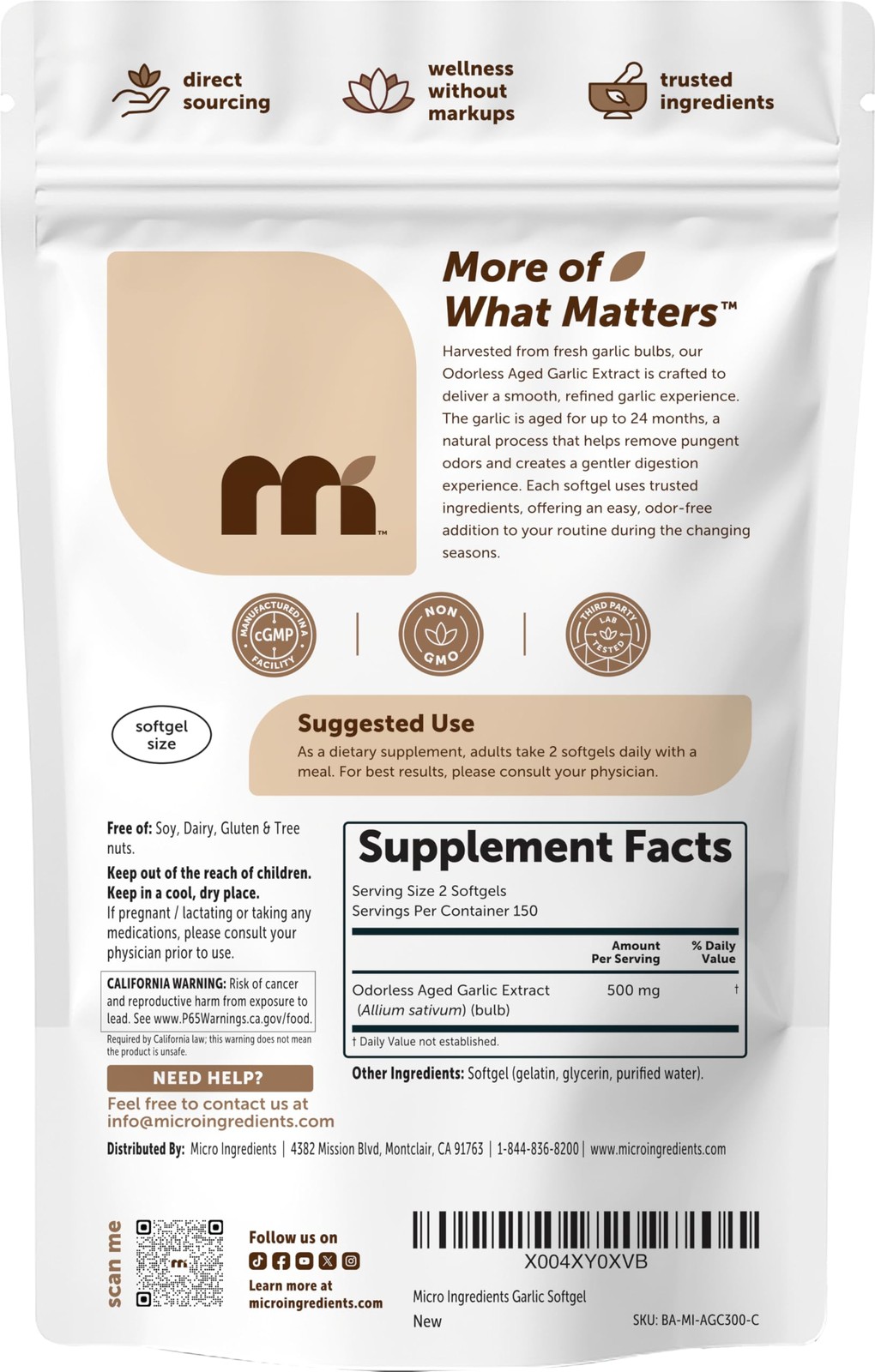 Micro Ingredients Odorless Garlic, 300 Softgels | 2 Years Aged Garlic Extract…