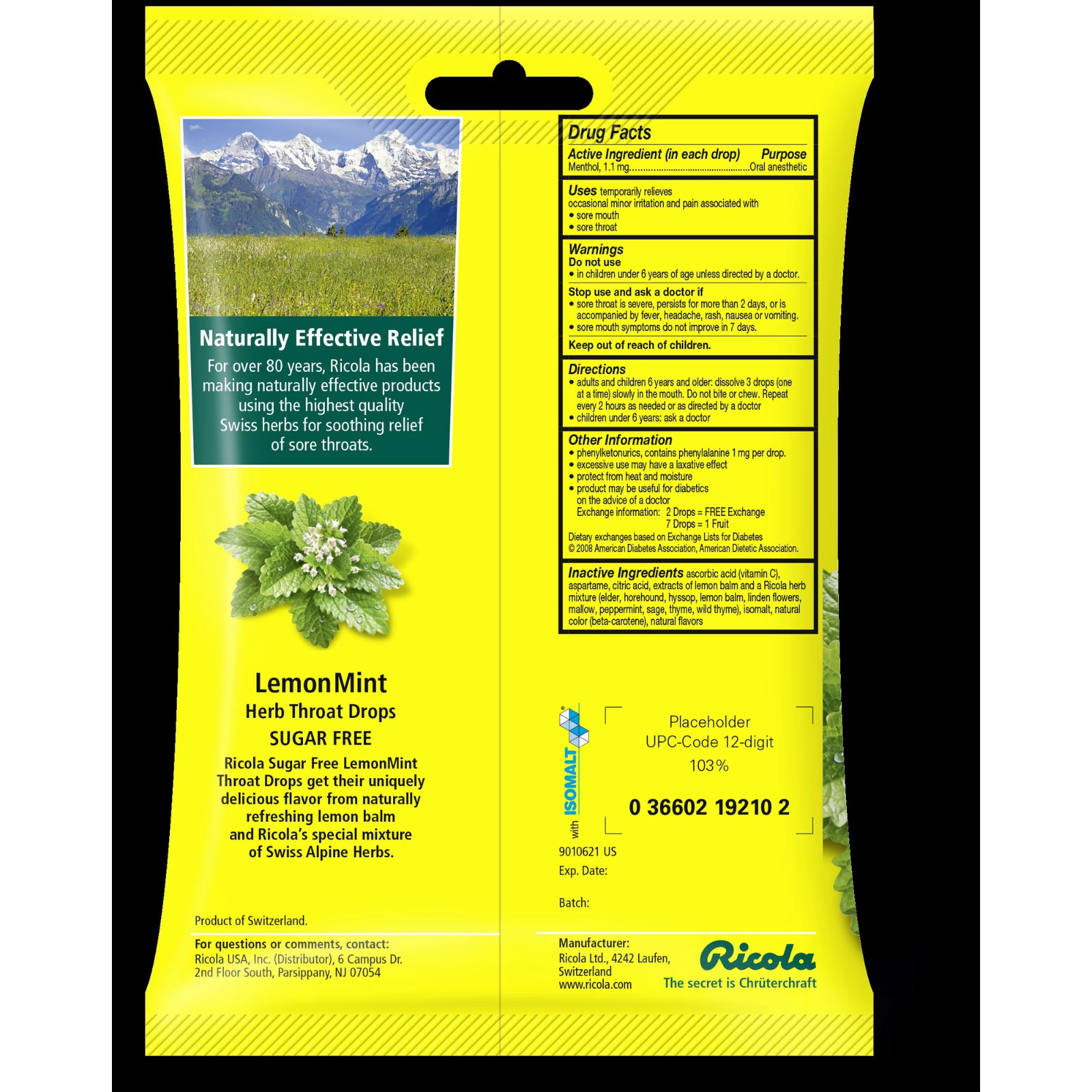 Ricola Big Bag Sugar Free Cough Drops Drops 2245, Lemon, lemon mint, 45 Count…