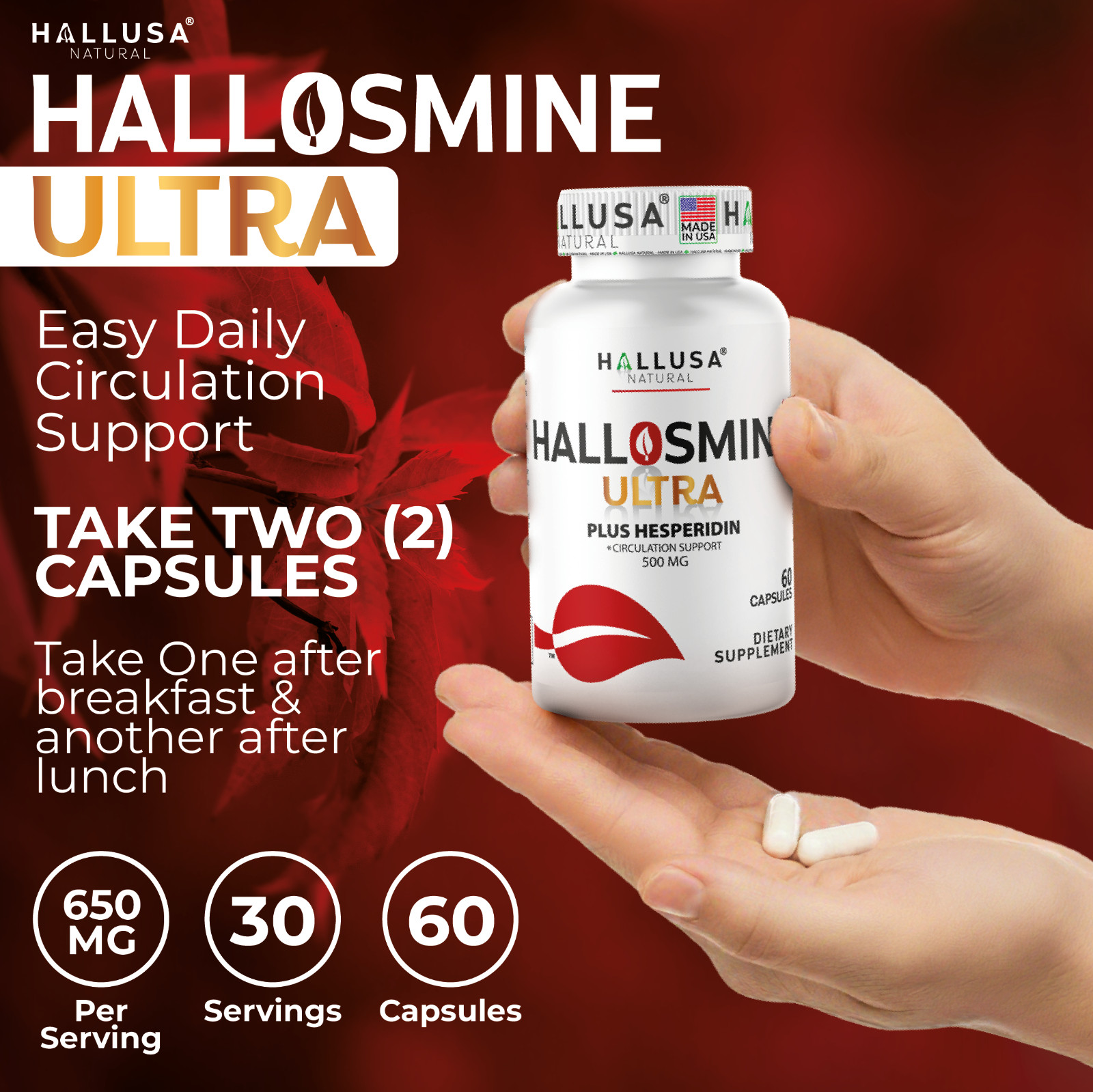 2 pack Hallosmine cream + Free Hallosmine Ultra Diosmin, Vein support supplement