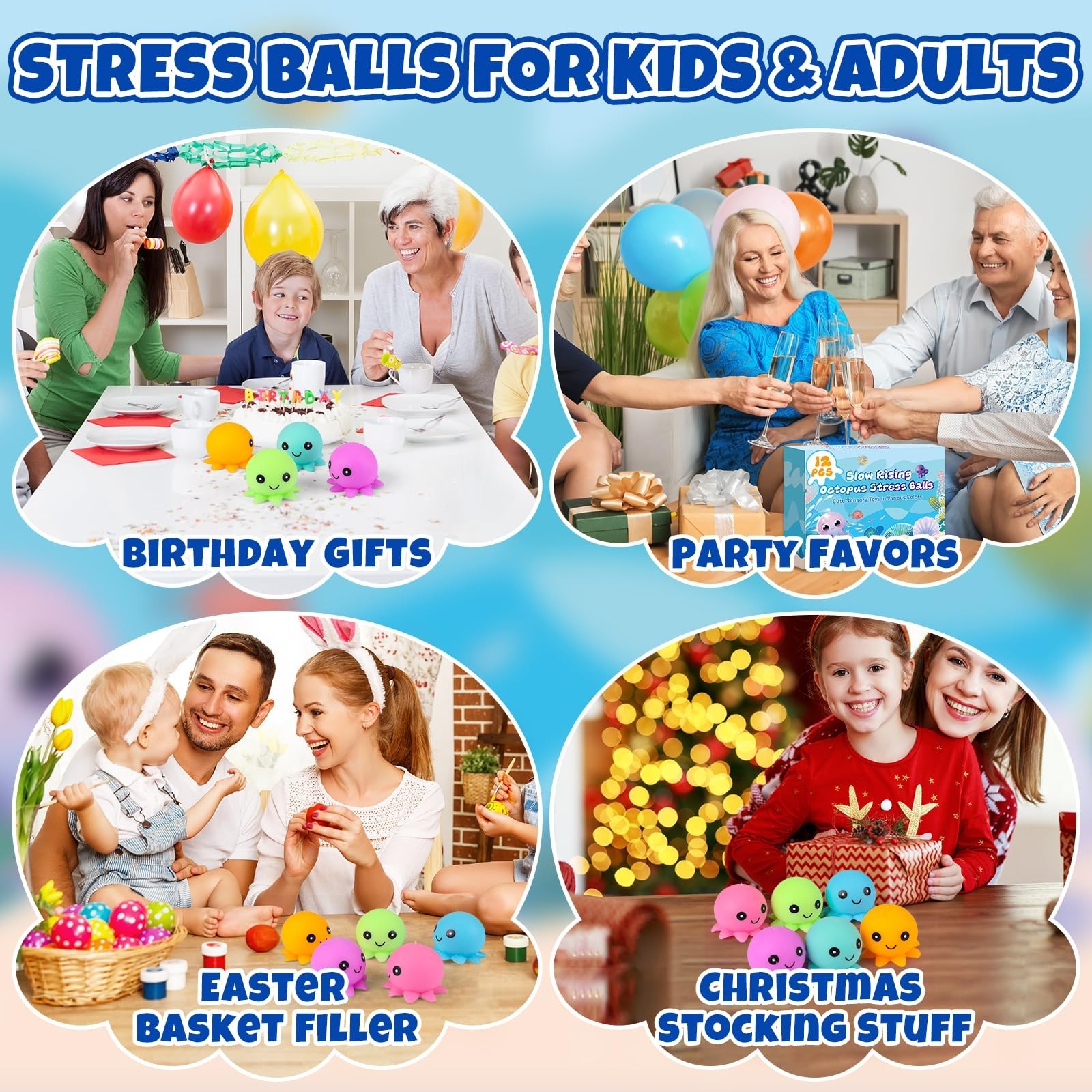 12 Pack Cute Octopus Stress Balls – Fidget Toys, Squishy Squeeze Balls, Party Fa
