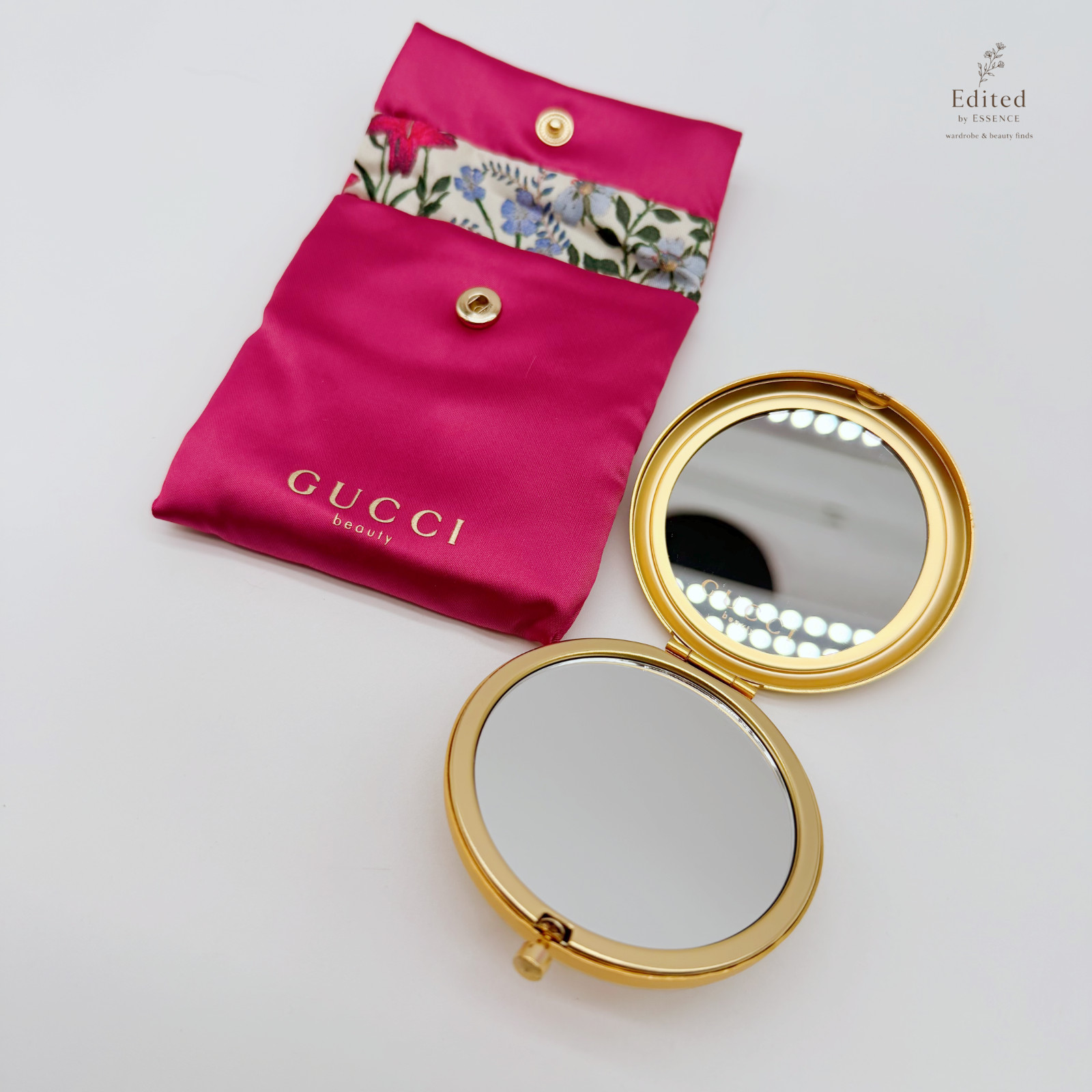 Gucci Beauty Floral Compact Mirror w/ Pink Satin Pouch Gold Tone 6cm