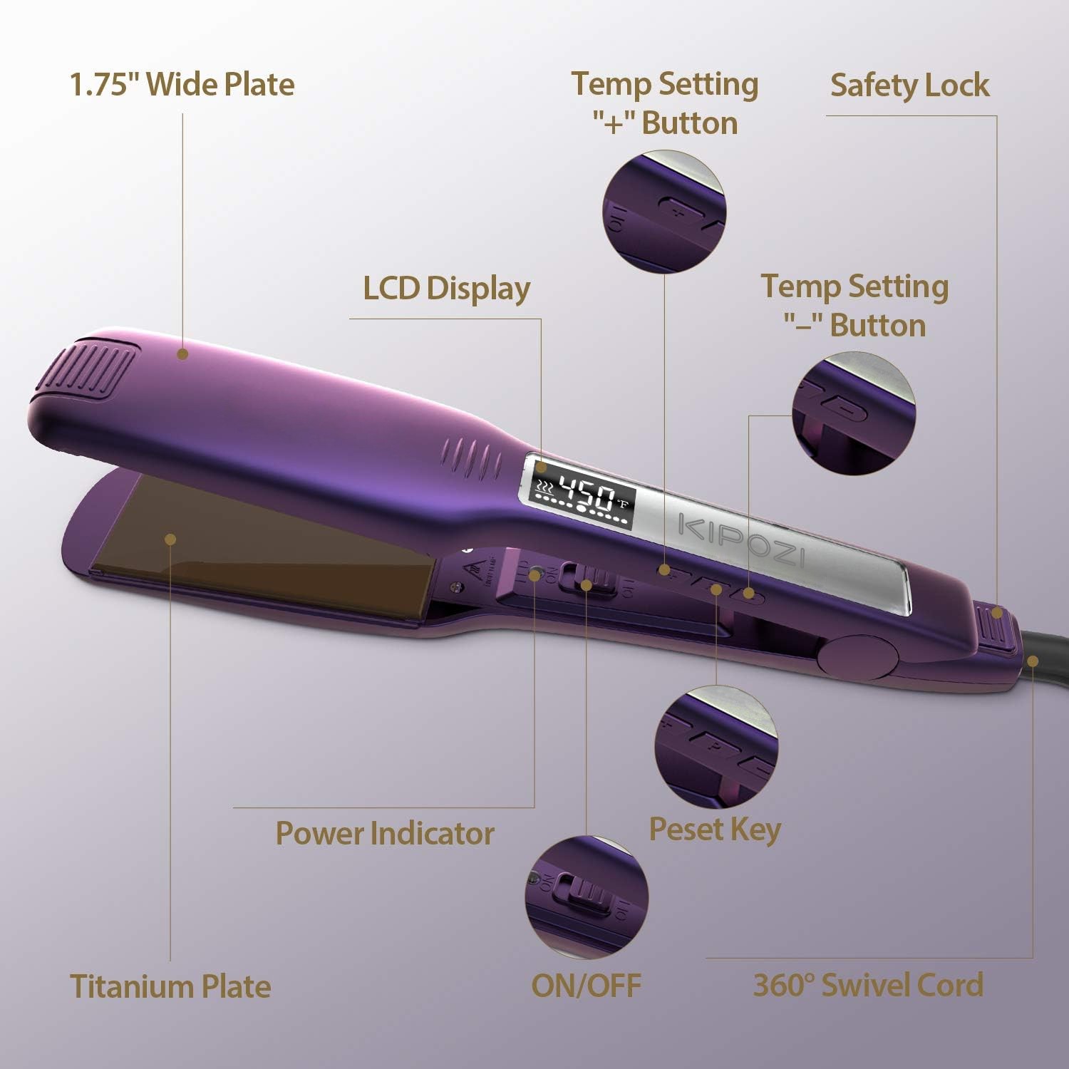 KIPOZI 1.75″ Salon Hair Straightener Titanium Flat Iron LCD Display Dual Voltage