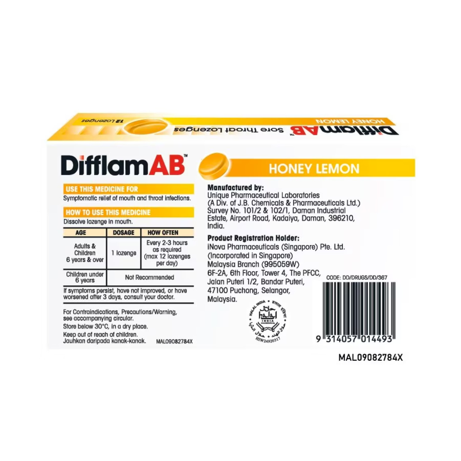 2 X Difflam AB 12’s Lozenges Honey & Lemon Flavour Soothes Relieve Sore Throat