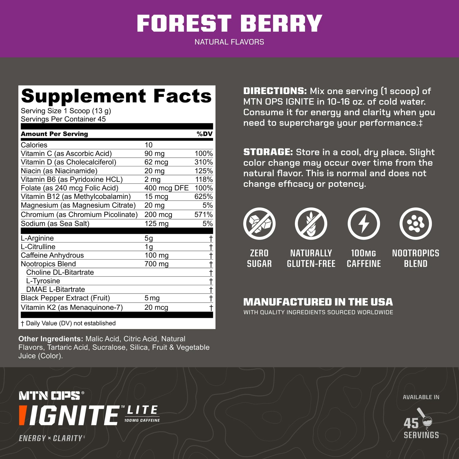 Mtn Ops Ignite Lite Sugar Energy Drink Powder 100Mg Caffeine Nootropic Blend