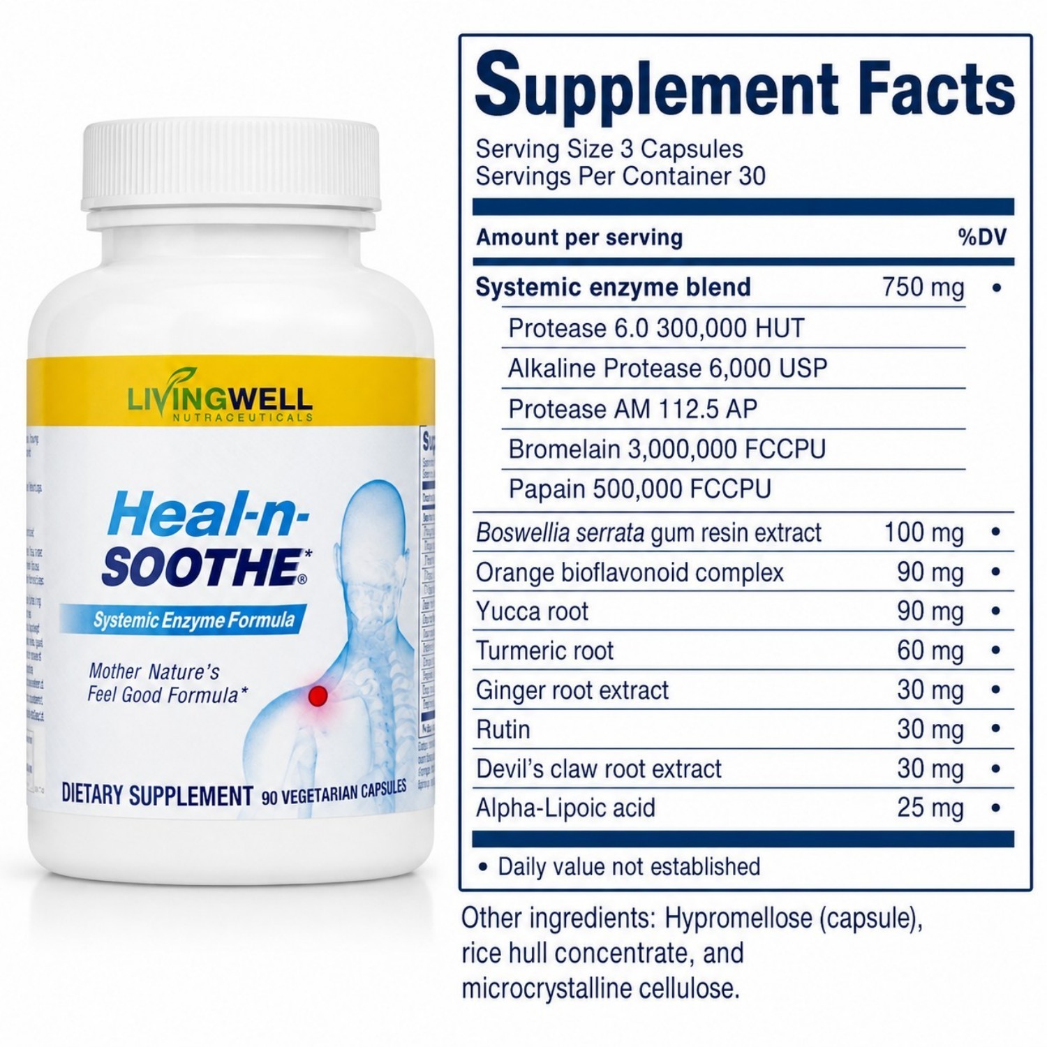LivingWell Heal-n-Soothe Enzyme Formula 90 Capsules Joint Support 5 Pack