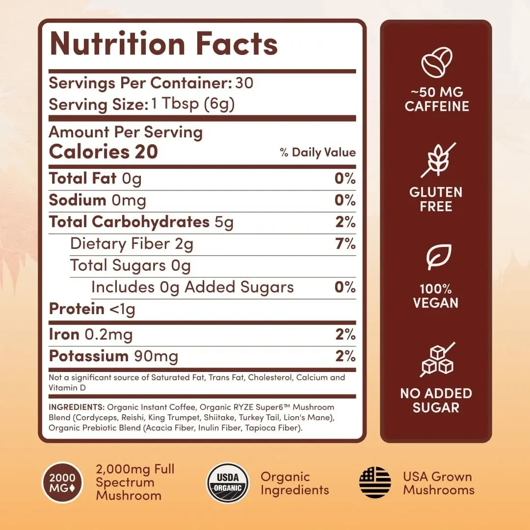 RYZE Mushroom Coffee USDA Organic with 6 AdaptogenicMushrooms and MCT Oil.